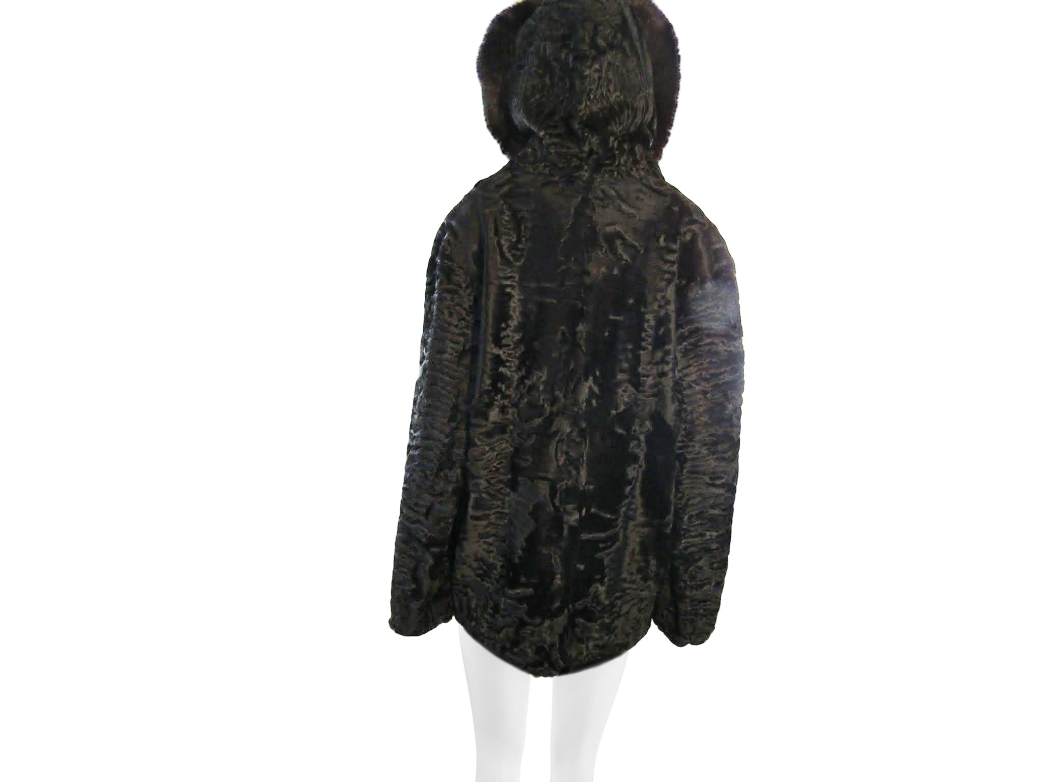BLACK DYED SWAKARA LAMB BOMBER W/ FOX TRIMMED HOOD