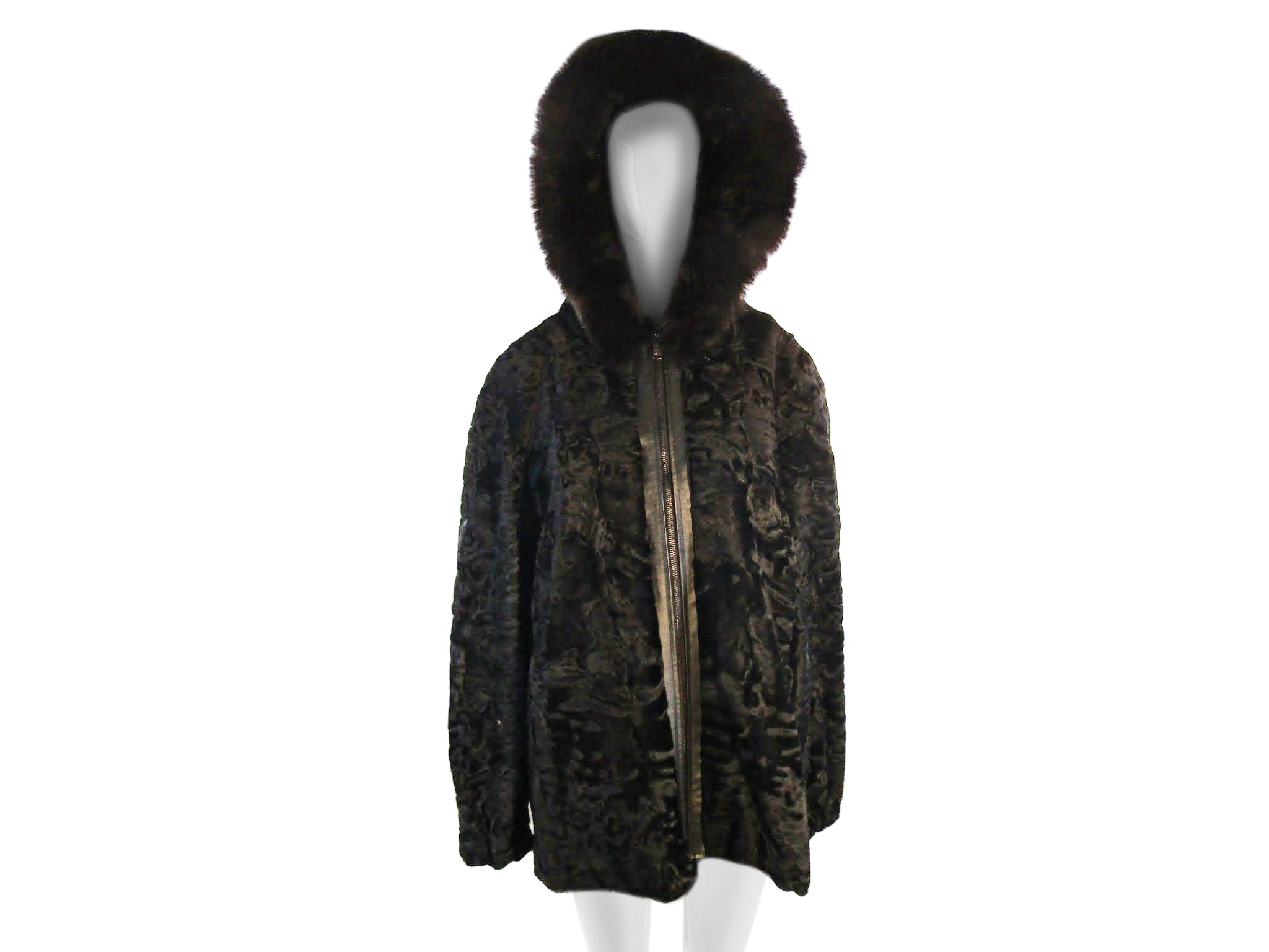 BLACK DYED SWAKARA LAMB BOMBER W/ FOX TRIMMED HOOD