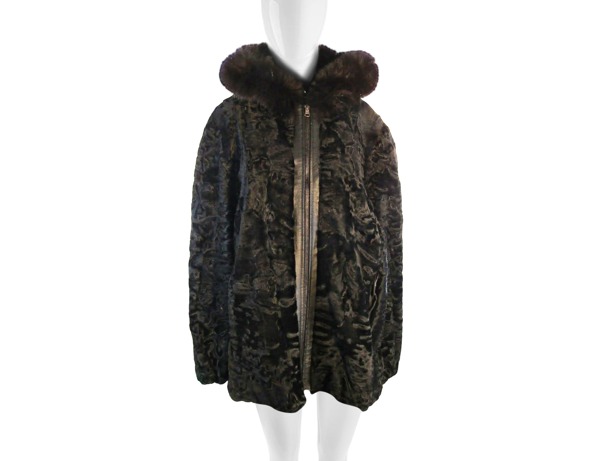 BLACK DYED SWAKARA LAMB BOMBER W/ FOX TRIMMED HOOD