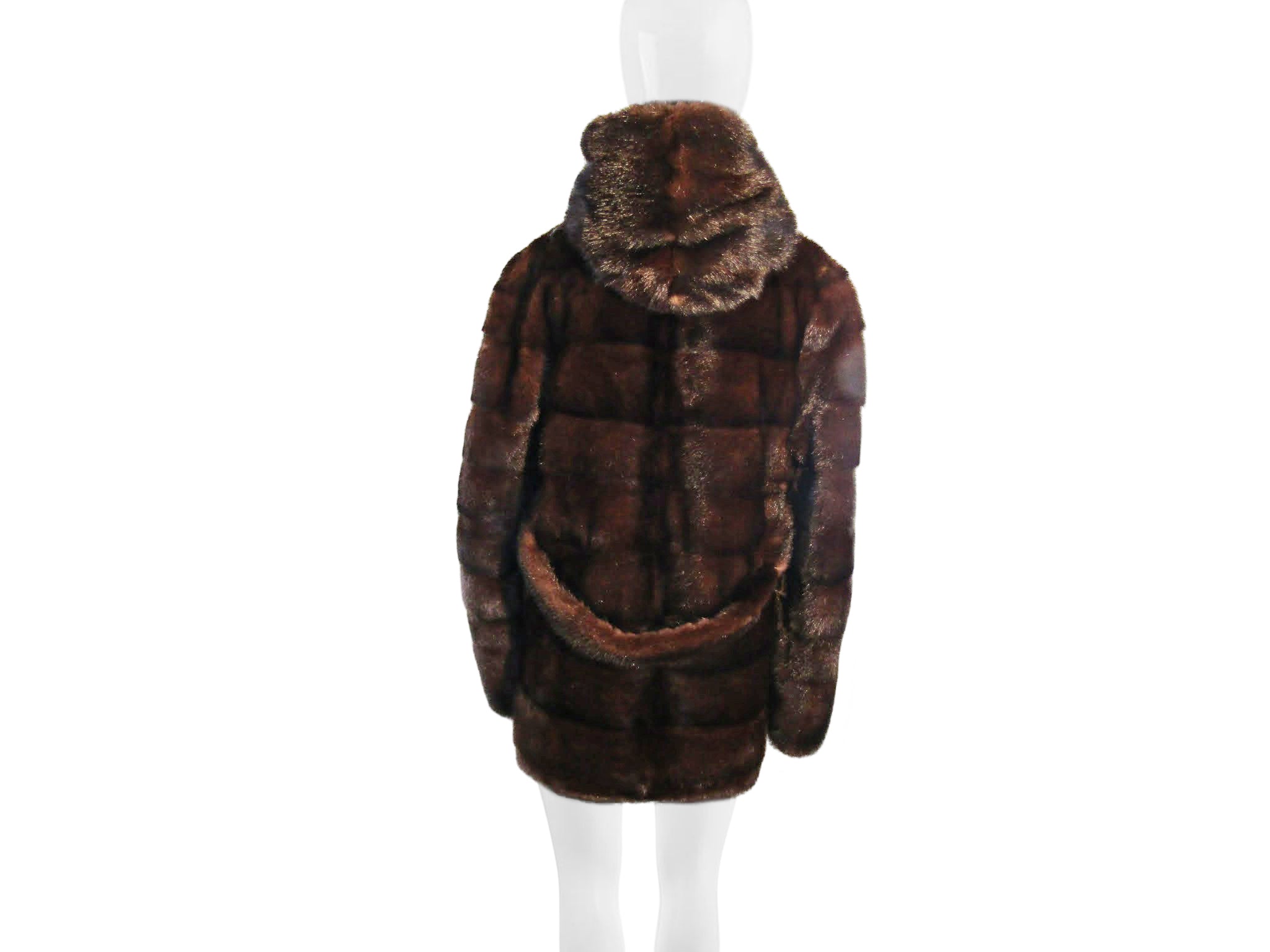 NATURAL MAHOGANY HORIZONTAL MINK JACKET W/ HOOD & TIE BELT
