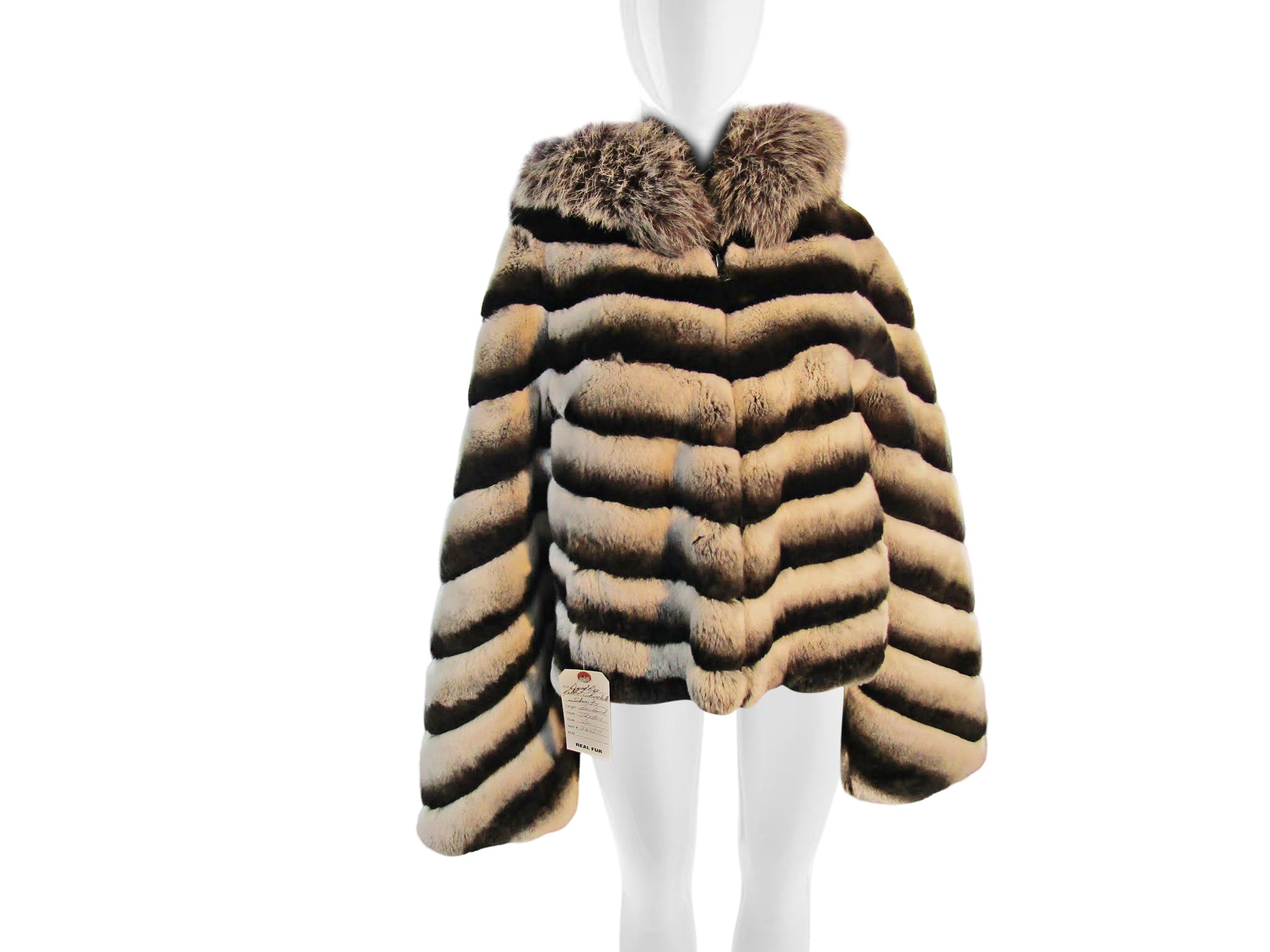 REXX RABBIT DYED CHINCHILLA REVERSIBLE HOODED JACKET TRIMMED W/ SILVER FOX