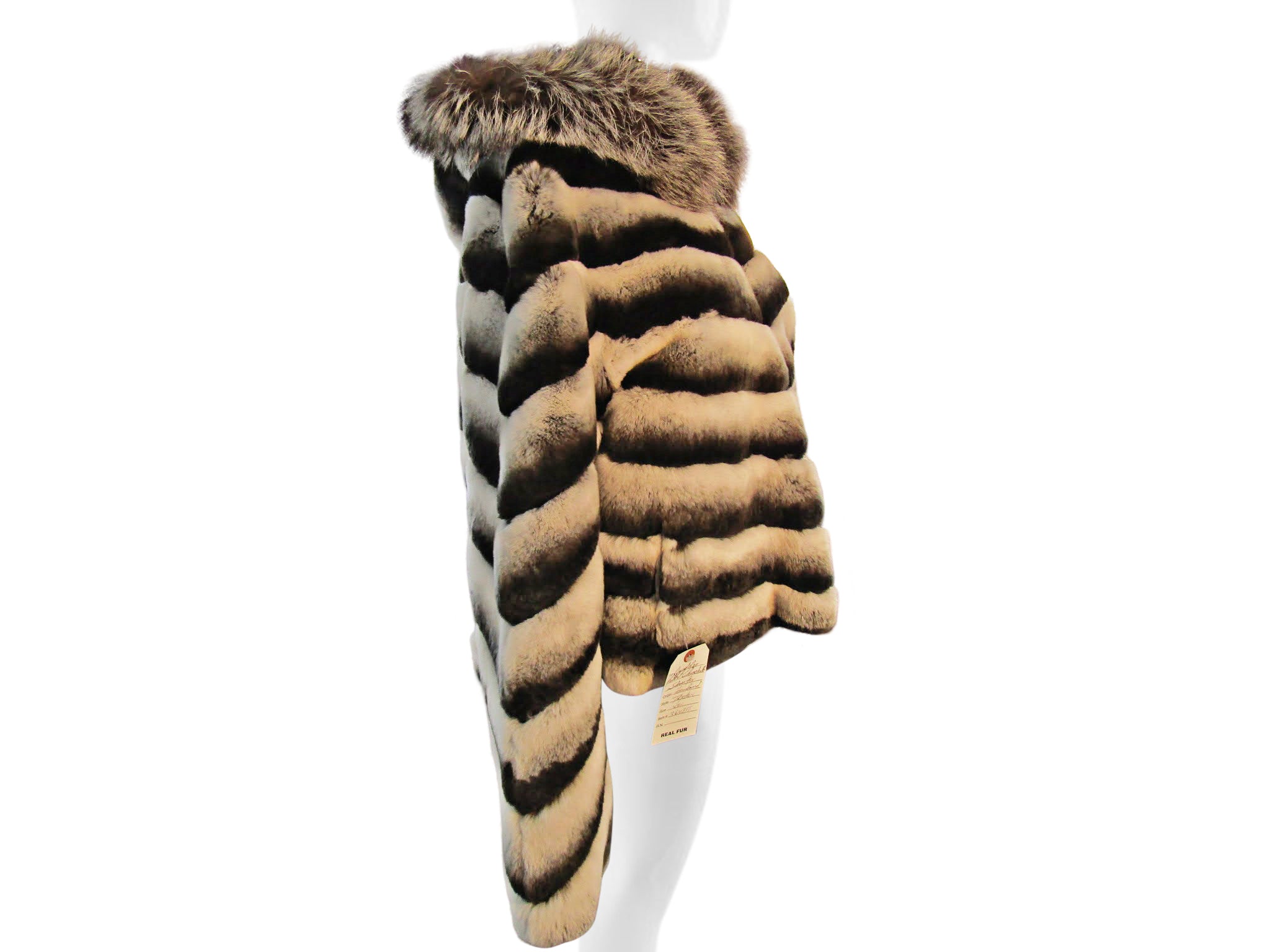 REXX RABBIT DYED CHINCHILLA REVERSIBLE HOODED JACKET TRIMMED W/ SILVER FOX