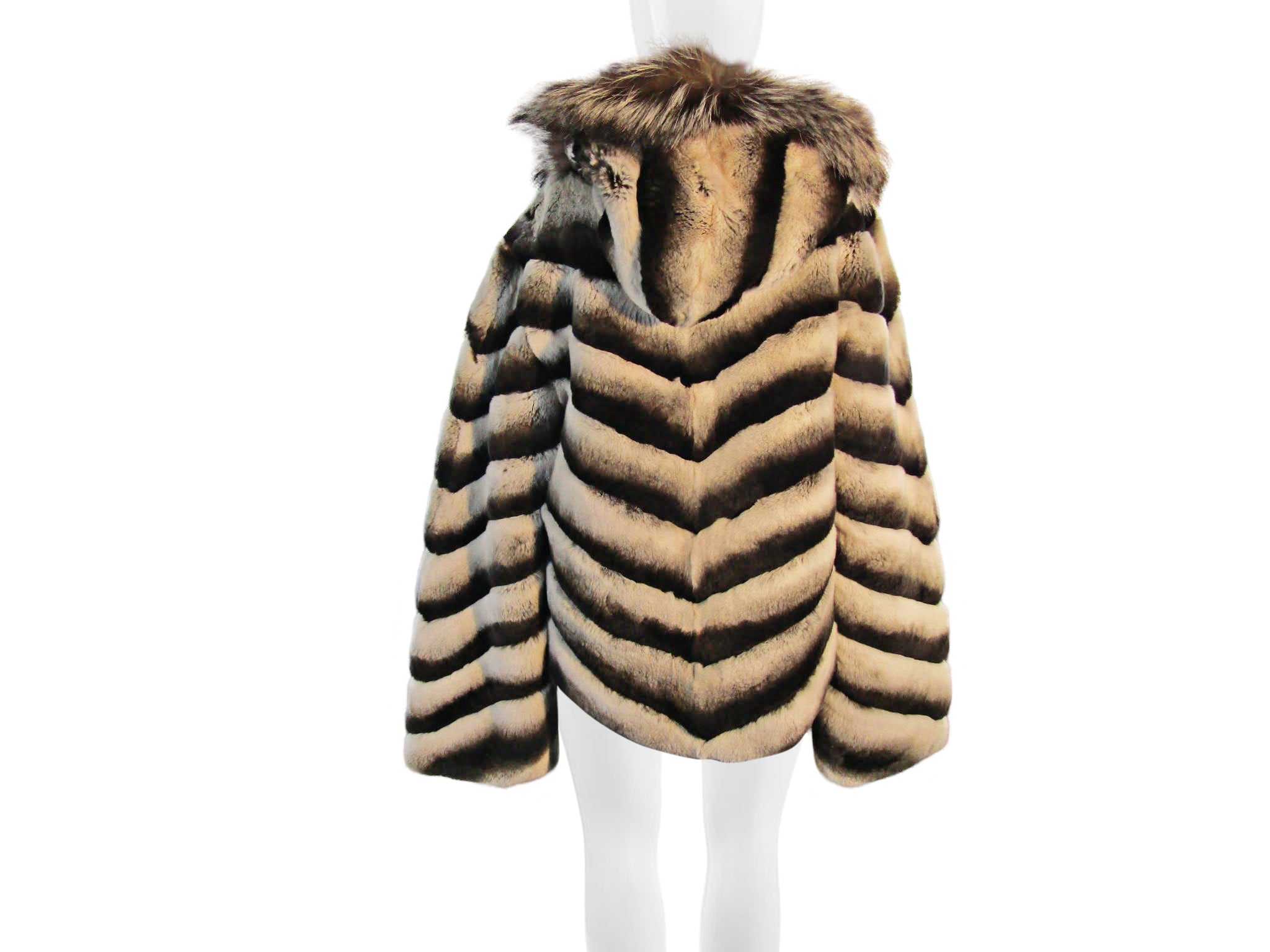 REXX RABBIT DYED CHINCHILLA REVERSIBLE HOODED JACKET TRIMMED W/ SILVER FOX