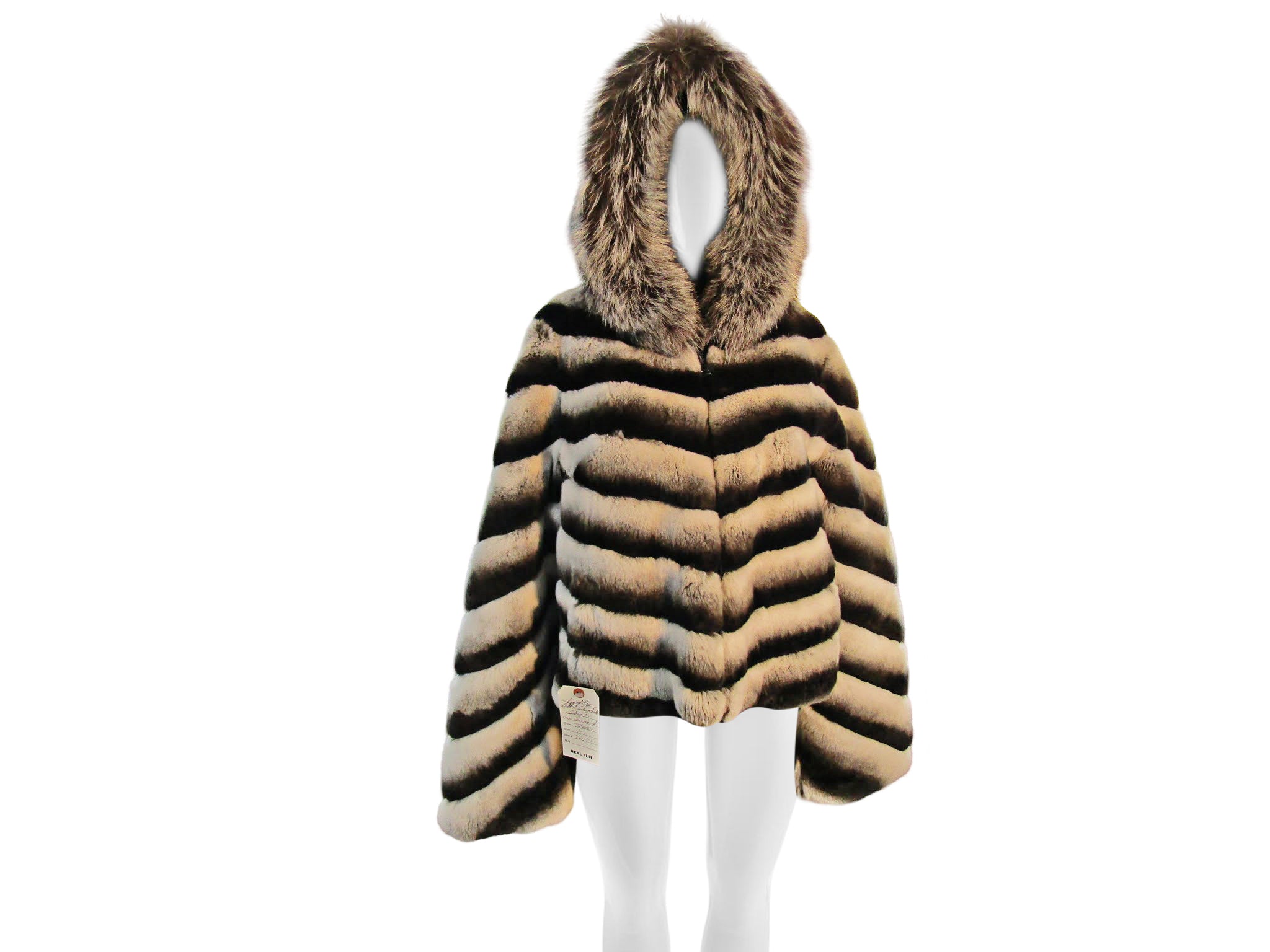 REXX RABBIT DYED CHINCHILLA REVERSIBLE HOODED JACKET TRIMMED W/ SILVER FOX