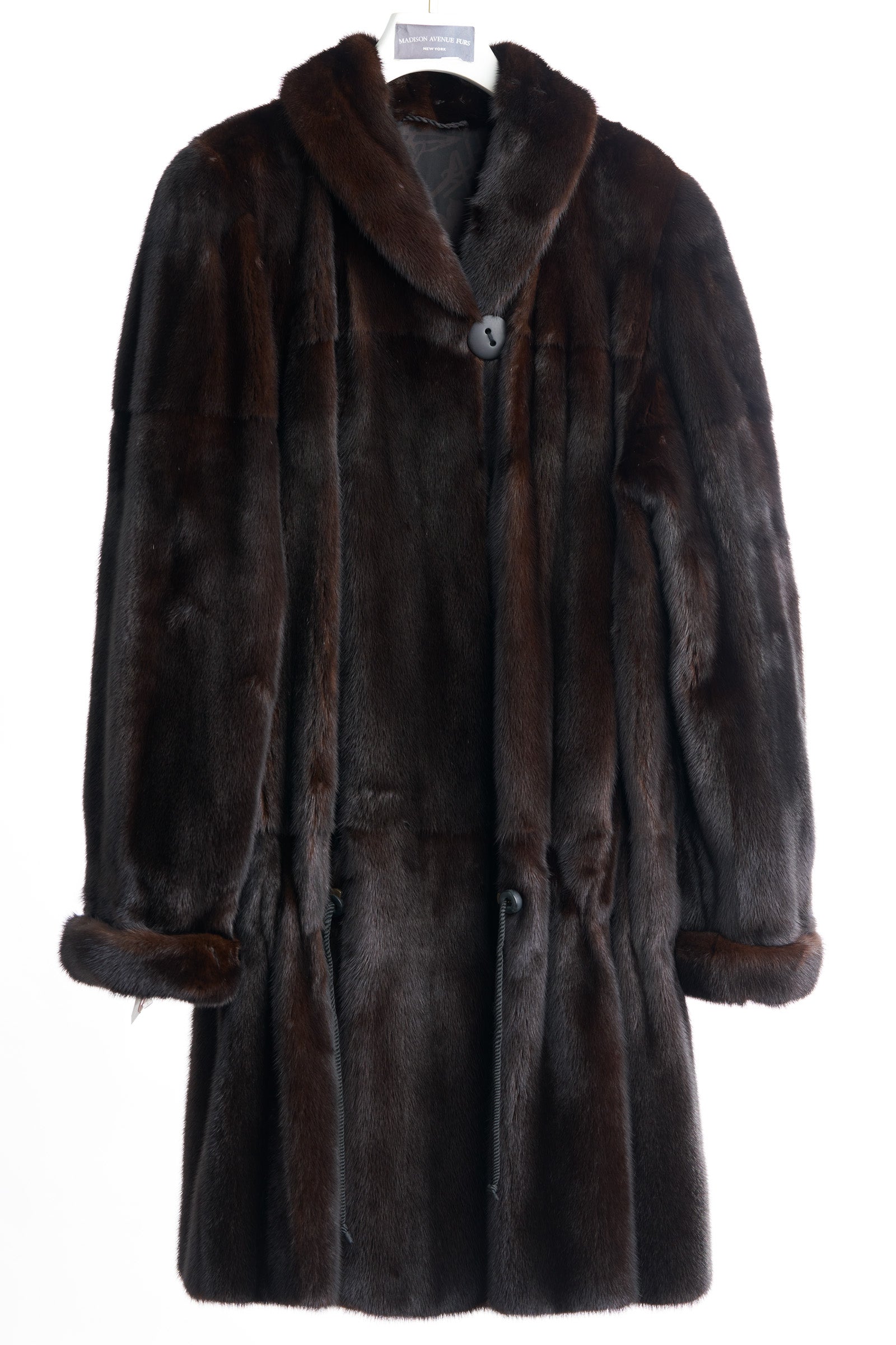 PRE-OWNED NATURAL MAHOGANY MINK SKIN ON SKIN 7/8 COAT W/ SHAWL COLLAR & TURN BACK CUFFS