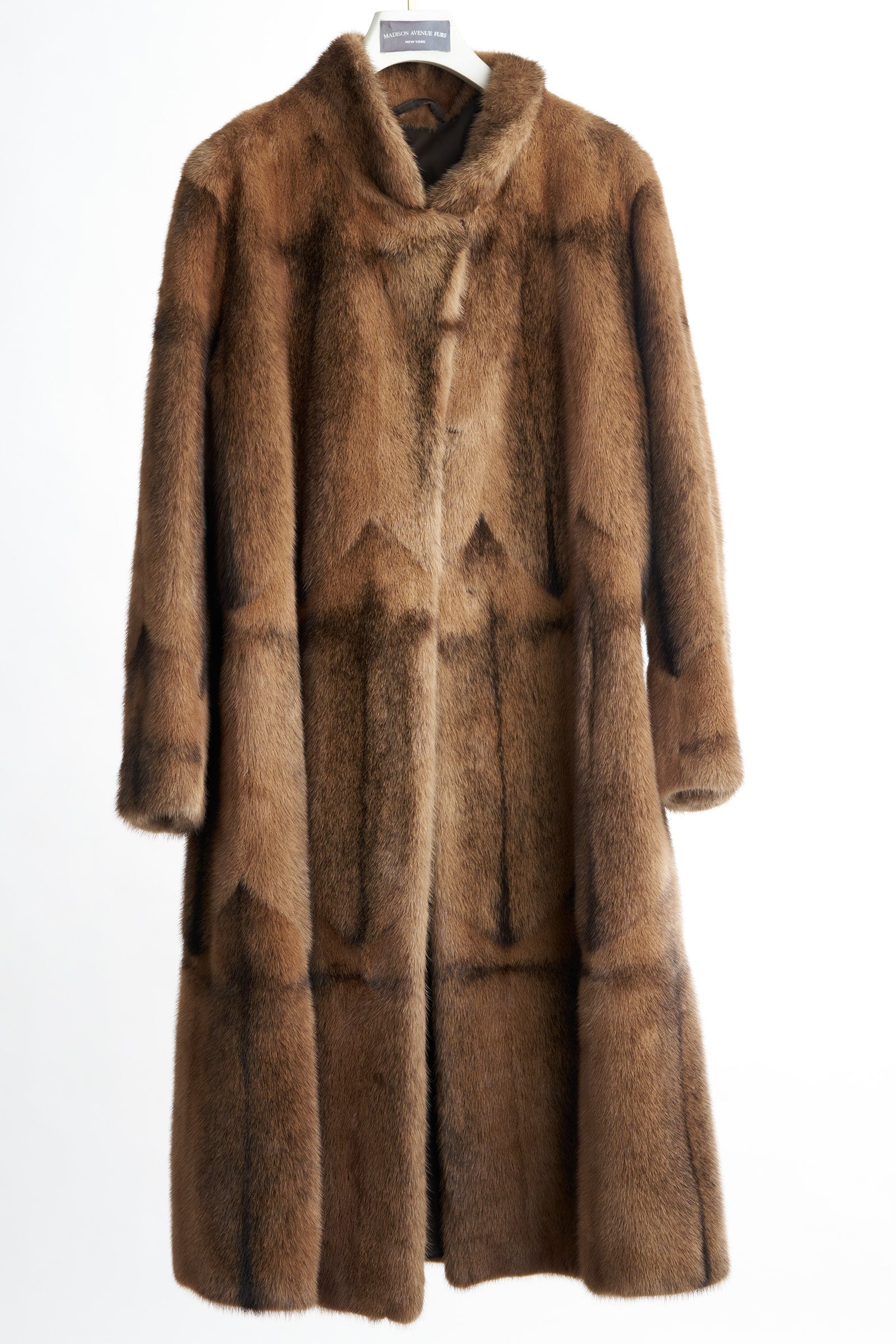 PRE-OWNED BROWN/BLACK CROSS SKIN ON SKIN MINK COAT W/ NOTCH COLLAR