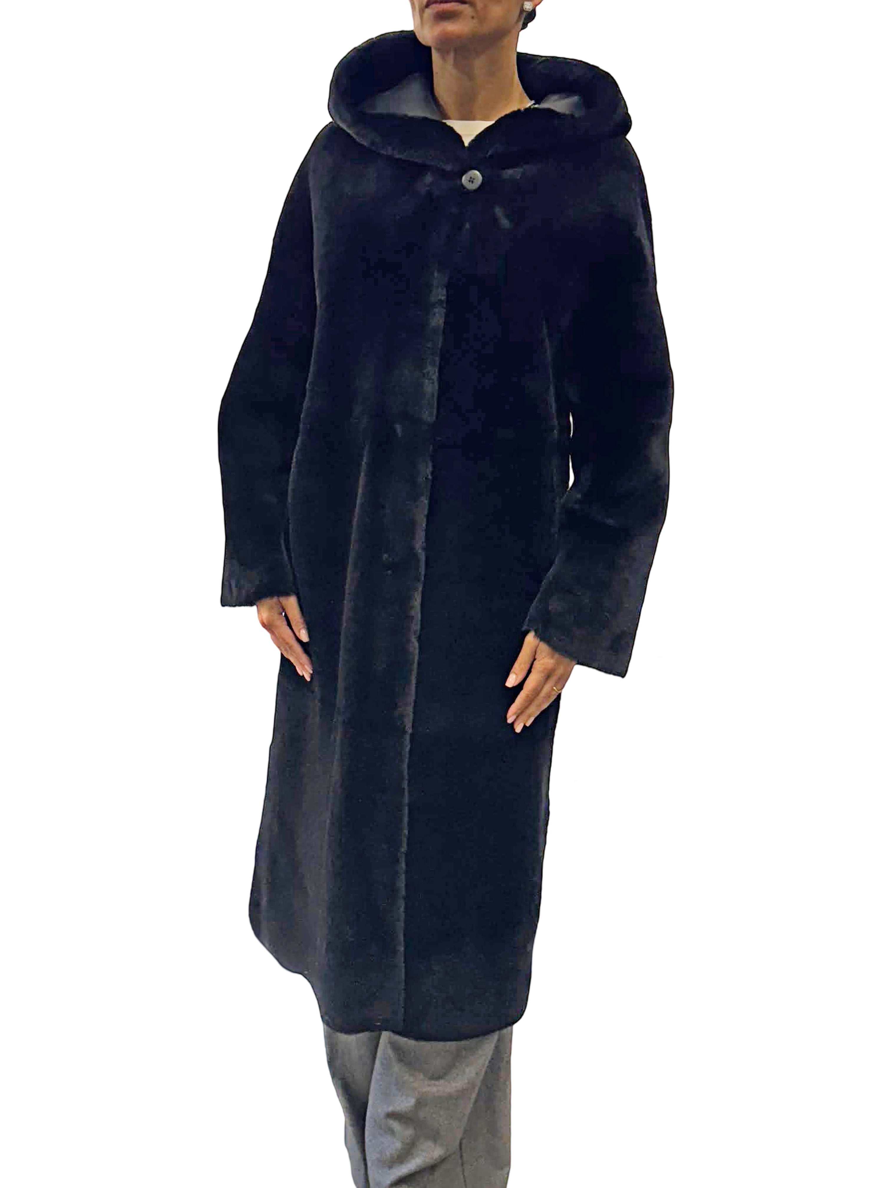 NERO DYED SHEARLING REVERSIBLE COAT W/HOOD