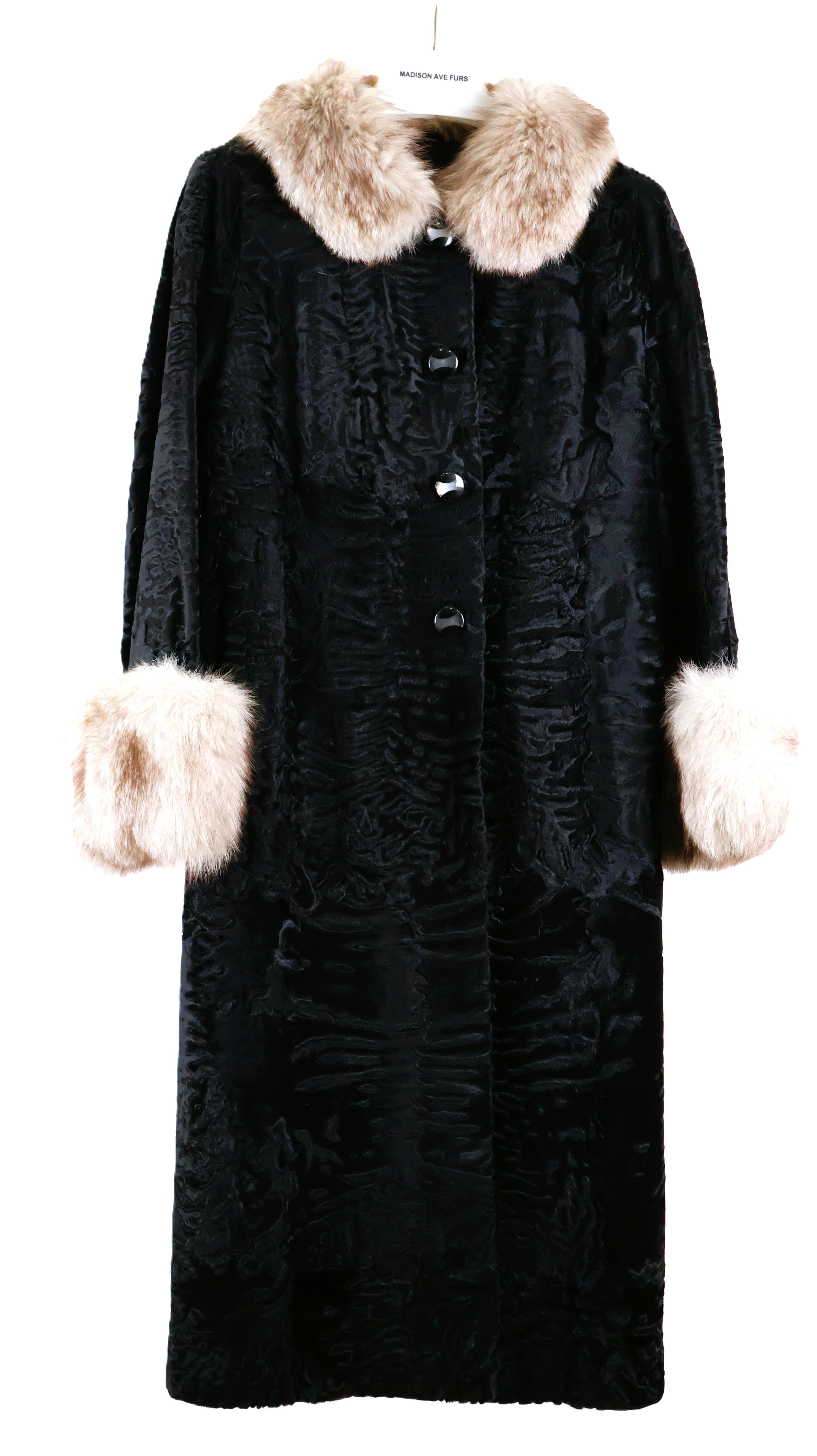 PRE-OWNED BLACK SWAKARA LAMB COAT W/ NATURAL BLUE FOX COLLAR & CUFFS