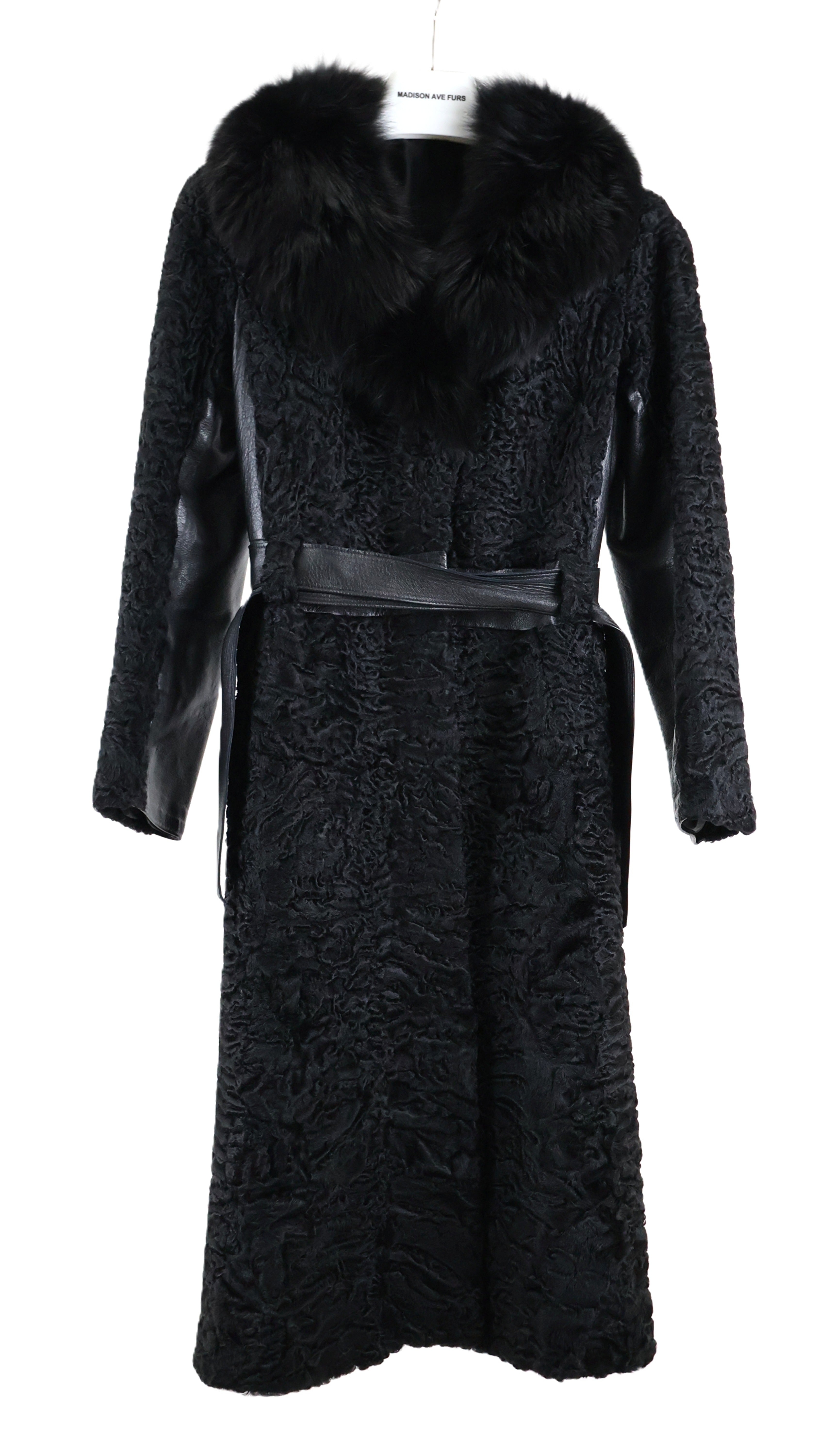 PRE-OWNED BLACK DYED SWAKARA LAMB COAT W/ LEATHER INSERTS & BLACK FOX NOTCH COLLAR & LEATHER BELT