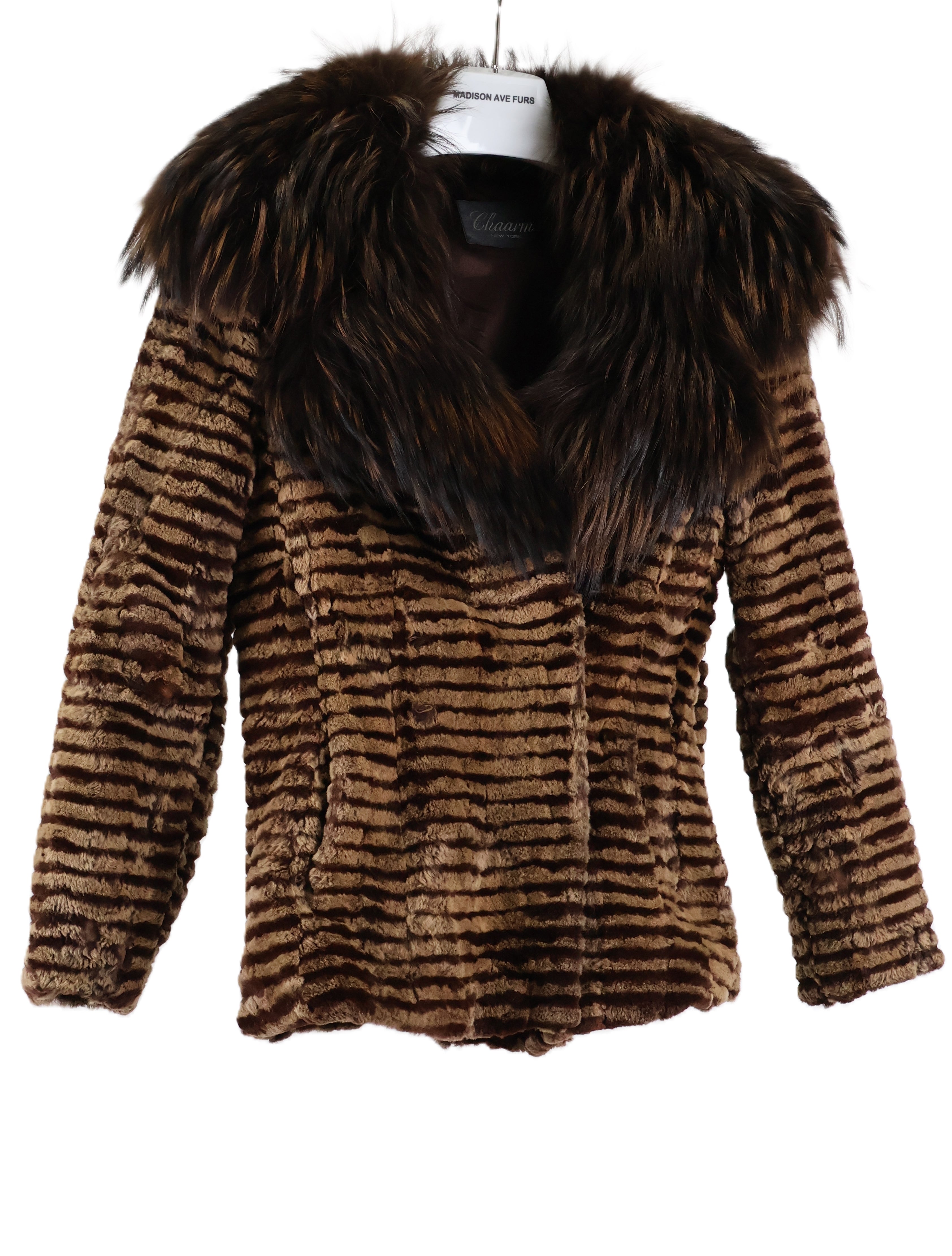 PRE-OWNED BROWN/TAN DYED HORIZONTAL GROOVED SHEARED MINK JACKET W/ DYED FINN RACCOON COLLAR