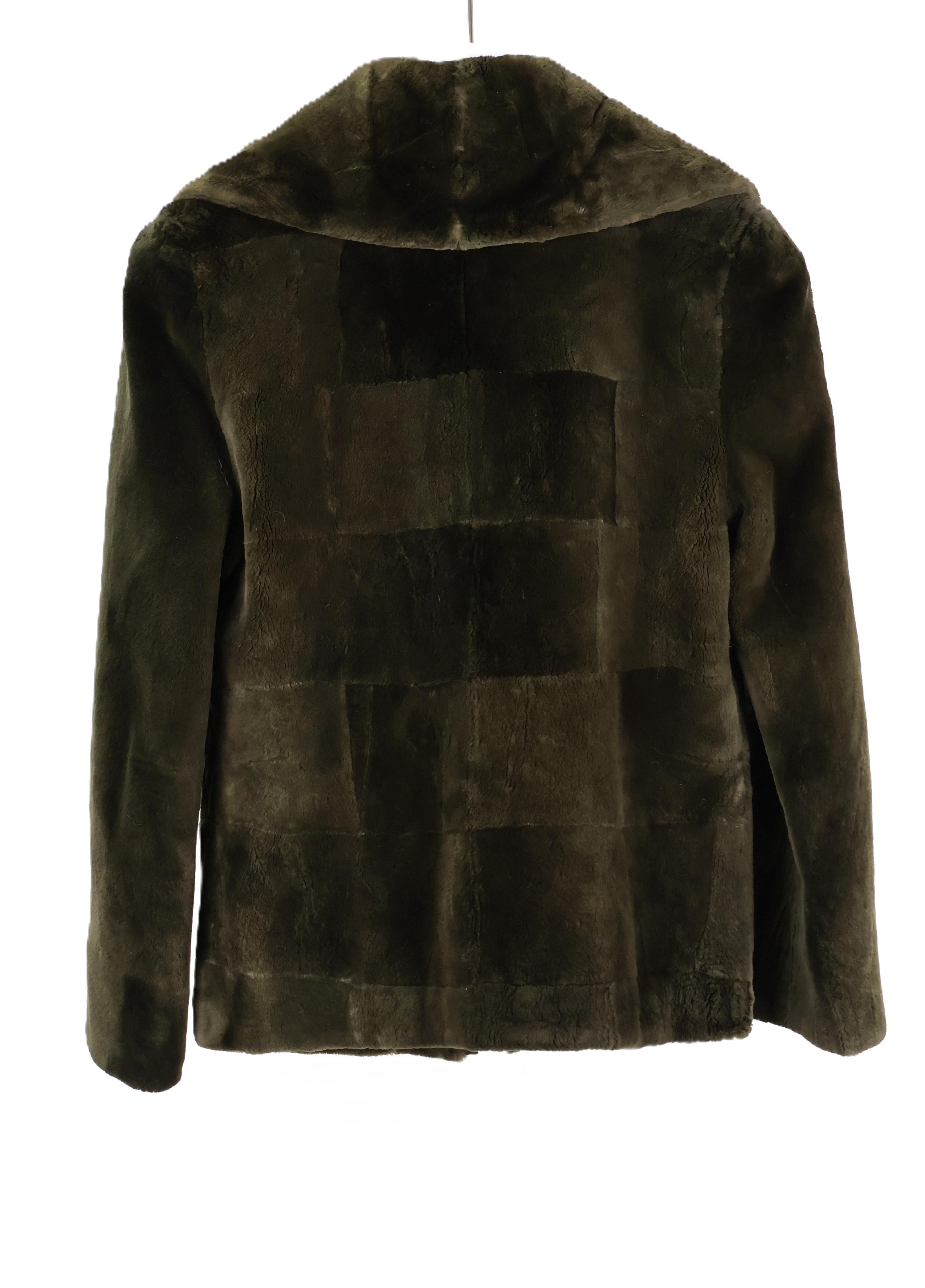 PRE-OWNED FERAUD MOSS DYED SHEARED MINK ZIPPERED JACKET W/ LEATHER TRIM & WING COLLAR