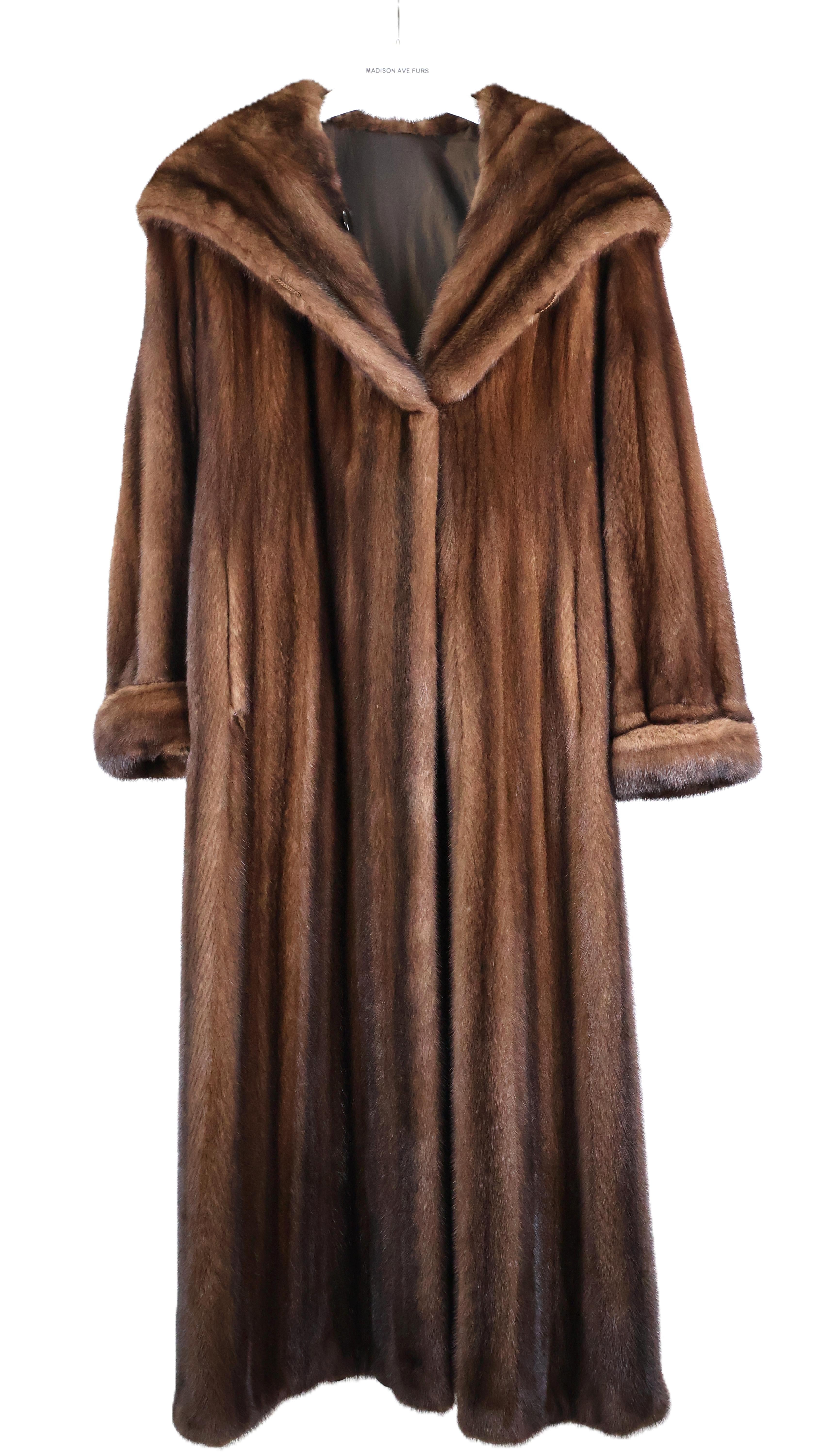 PRE-OWNED NATURAL DEMI BUFF FEMALE MINK REVERSIBLE HOODED MINK COAT W/ TURN BACK CUFFS