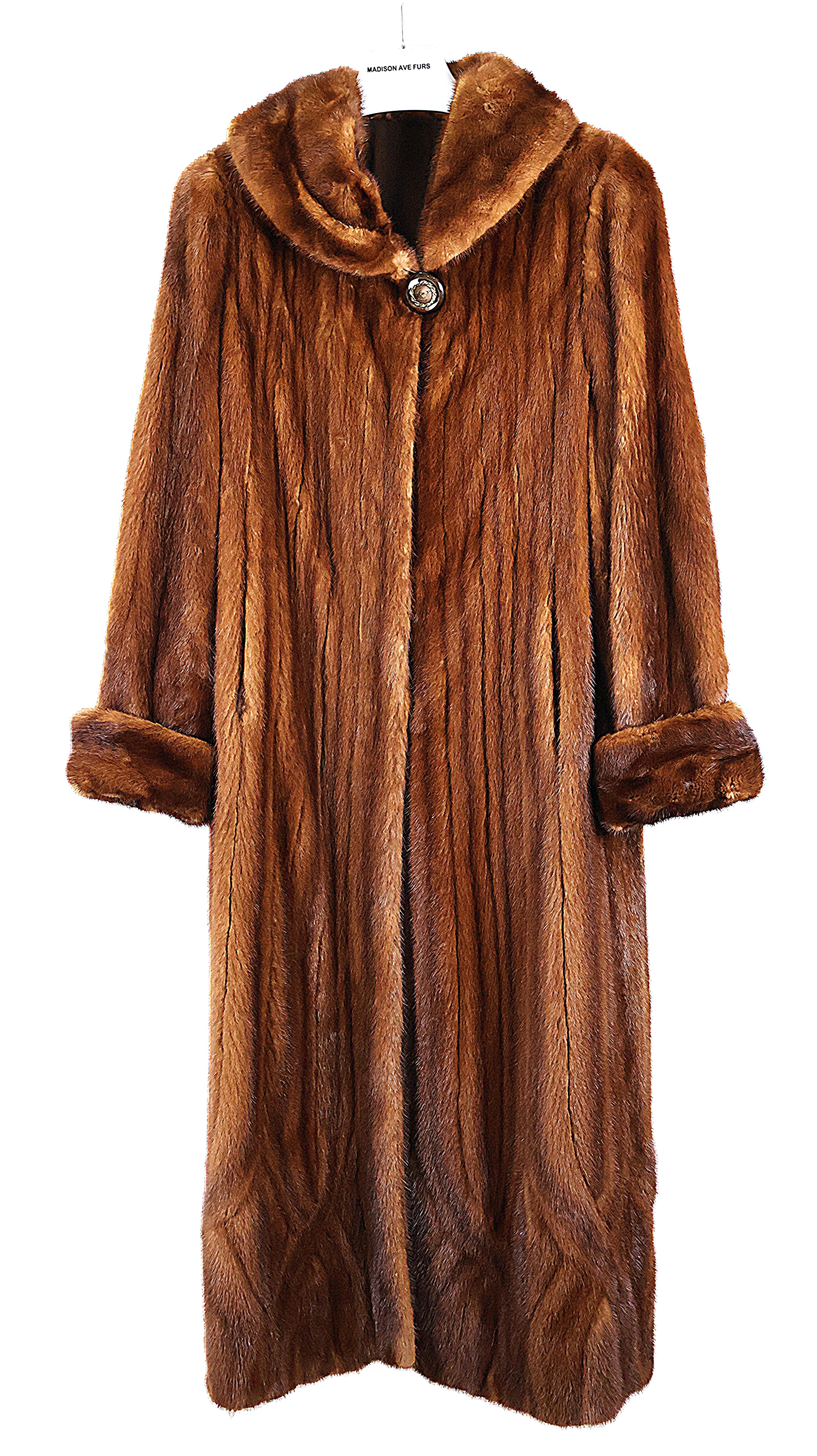PRE-OWNED COGNAC DYED MINK DIRECTIONAL COAT W/PORTRAIT COLLAR & TURN BACK CUFF & WRAP MINK BELT