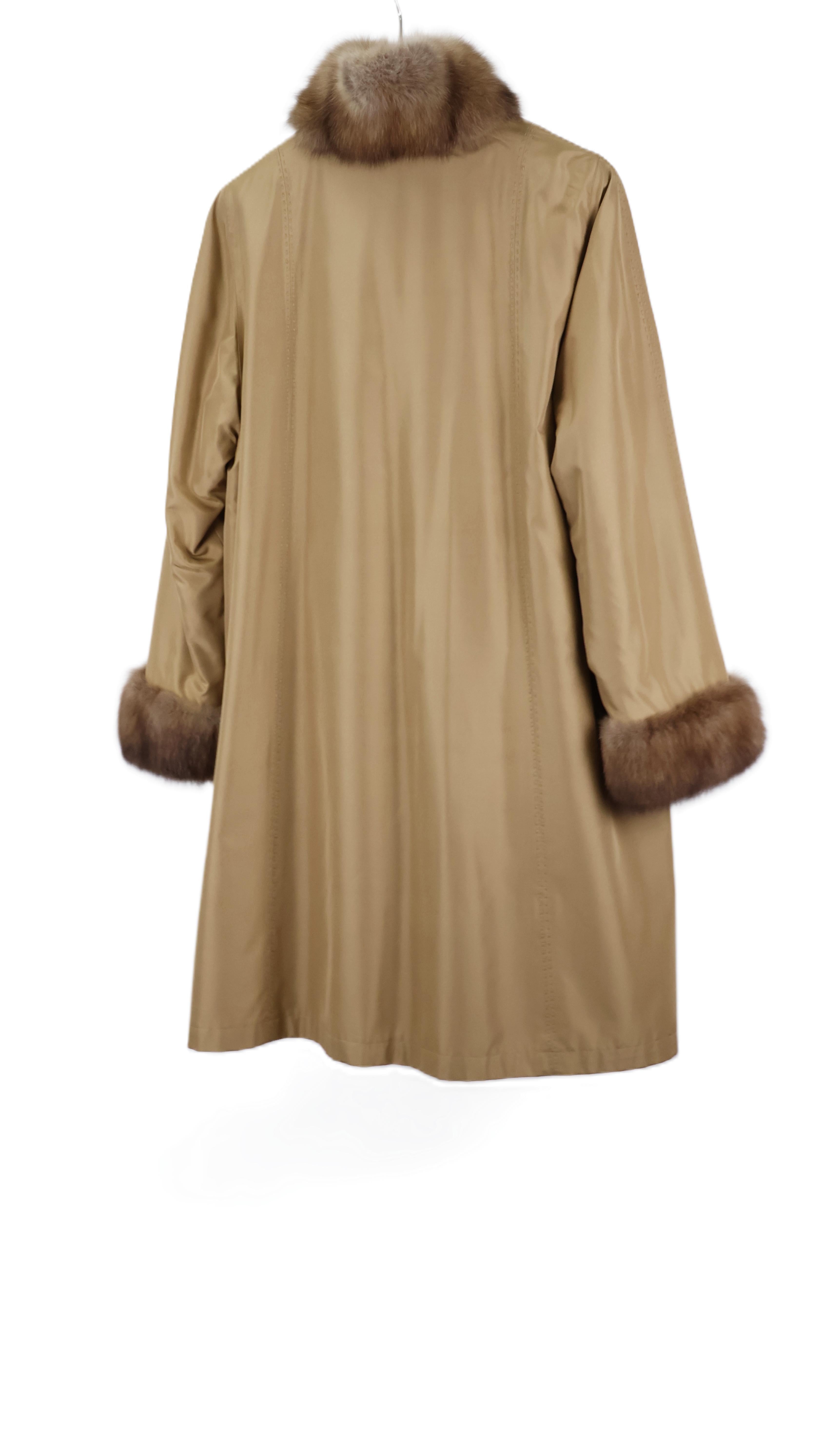 PRE-OWNED GOLDEN TAFFETA REVERSIBLE TO PLUCKED MINK STROLLER W/ CROSS CUT SABLE TUXEDO FRONTS & CUFFS