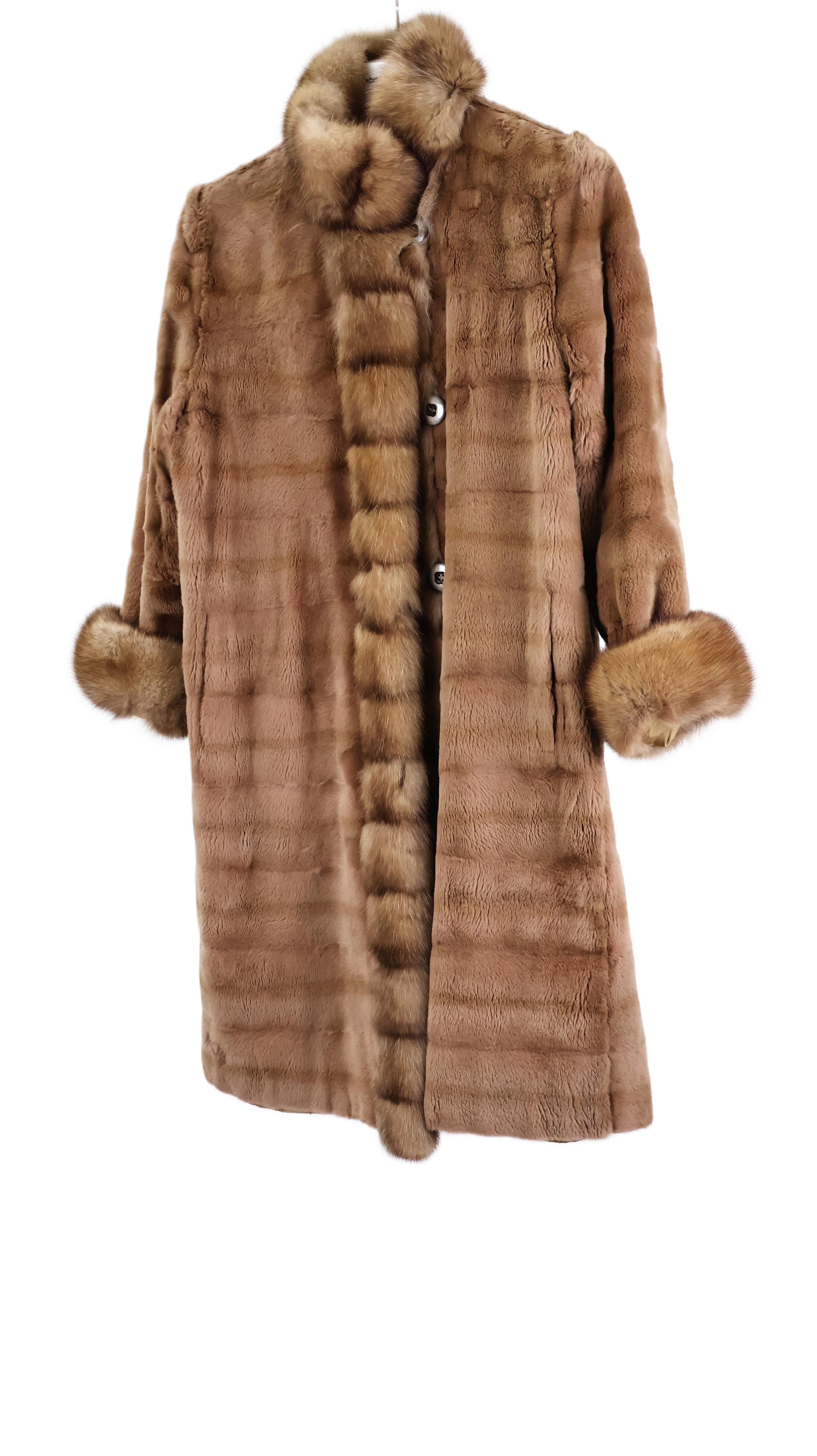 PRE-OWNED GOLDEN TAFFETA REVERSIBLE TO PLUCKED MINK STROLLER W/ CROSS CUT SABLE TUXEDO FRONTS & CUFFS