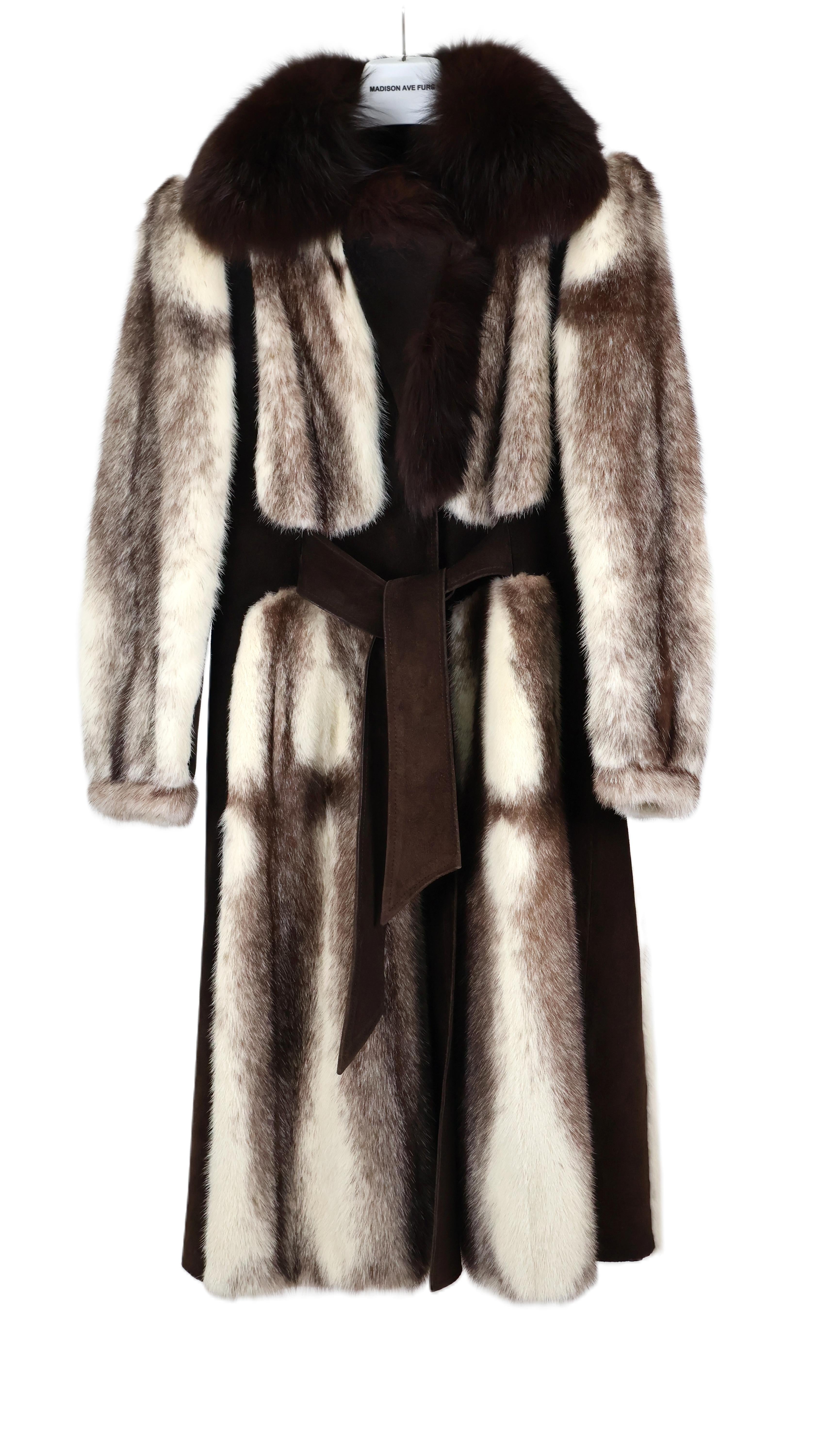 PRE-OWNED BROWN CROSS MINK W/ SUEDE PANELS & BELT W/ BROWN FOX NOTCH COLLAR & BAND CUFFS