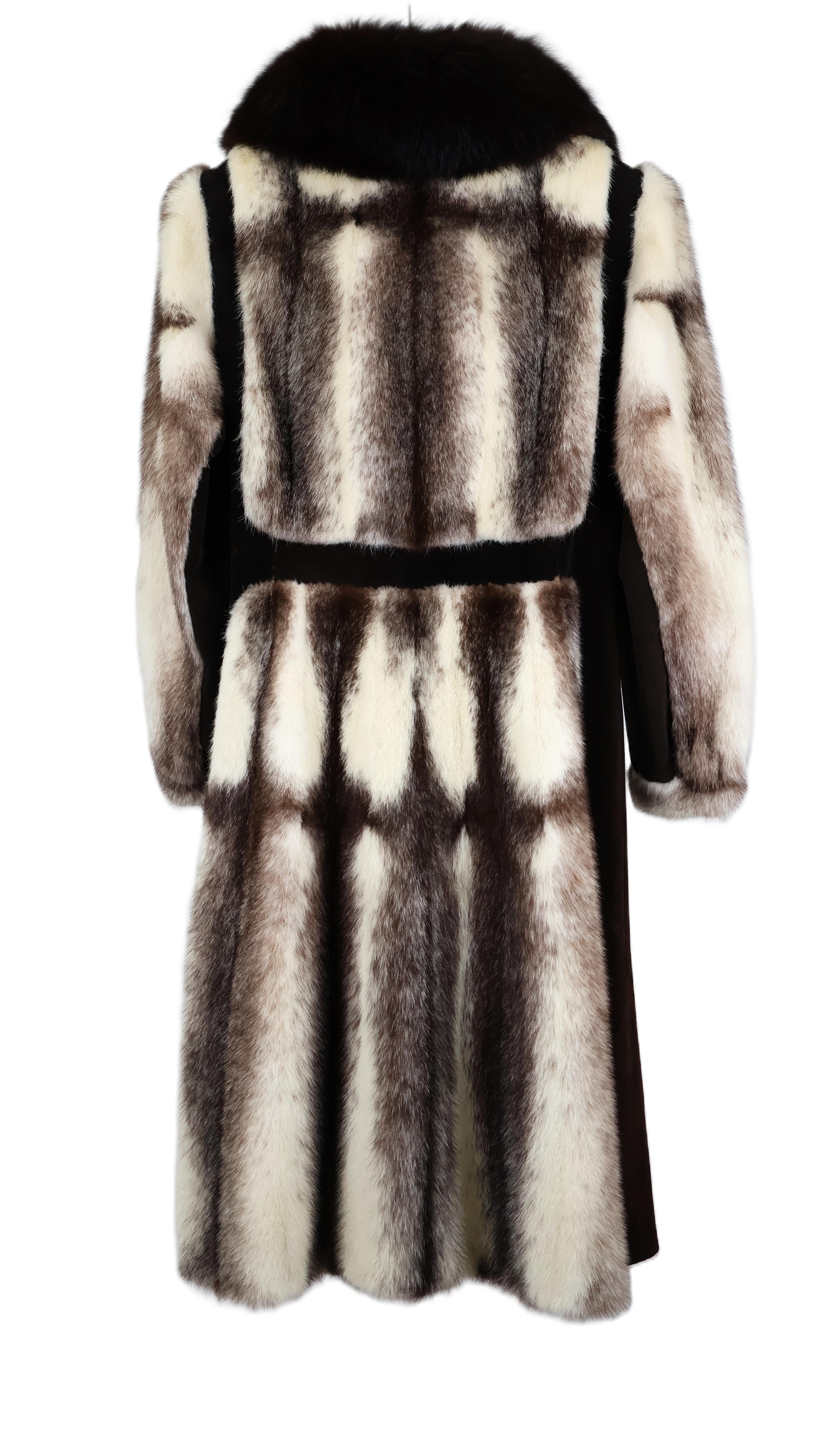 PRE-OWNED BROWN CROSS MINK W/ SUEDE PANELS & BELT W/ BROWN FOX NOTCH COLLAR & BAND CUFFS