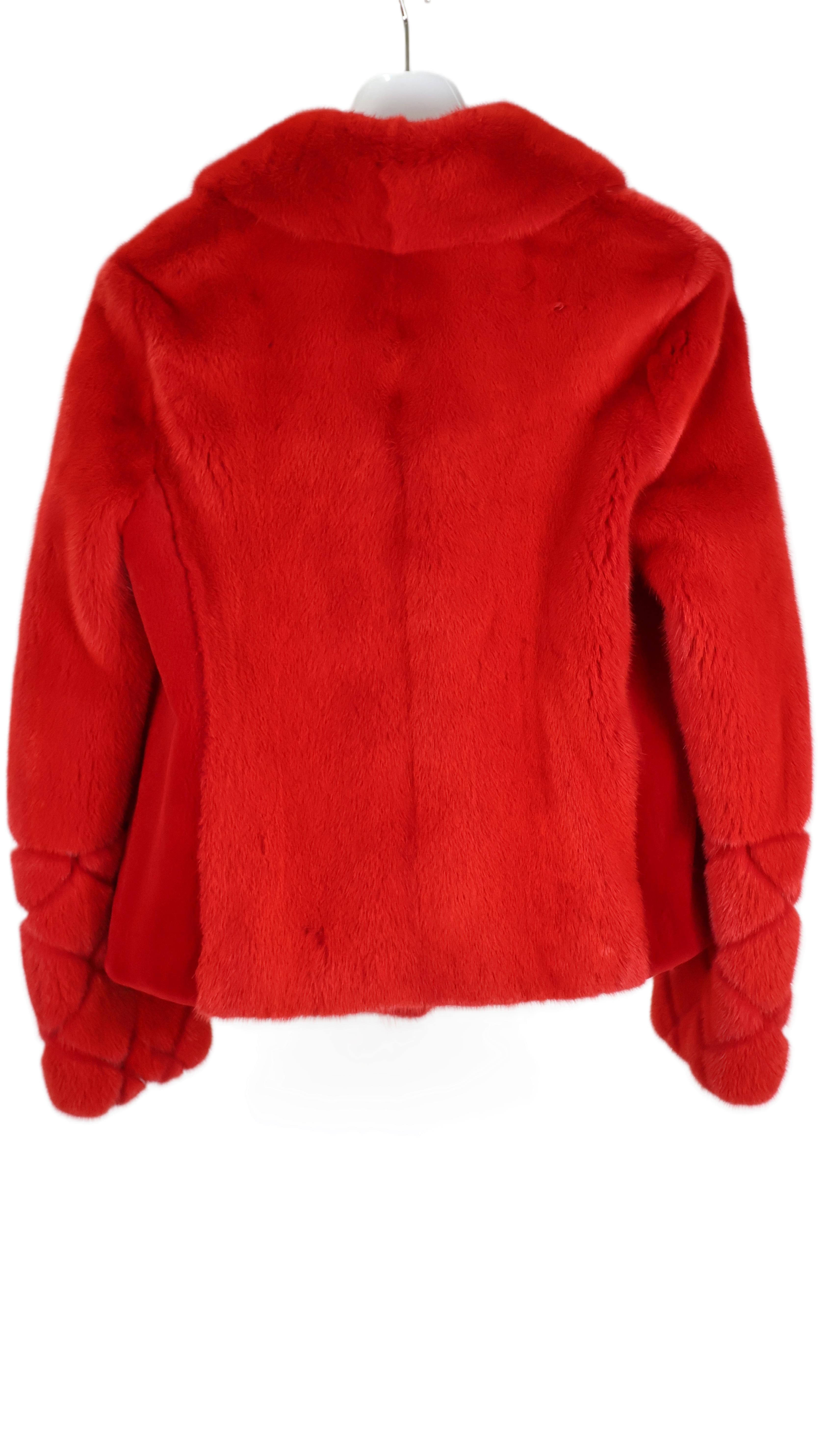 PRE-OWNED ZAC POSEN RED DYED MINK MOTORCYCLE JACKET W/ NOTCH COLLAR, DIAMOND DESIGN ON SLEEVES & SHEARED MINK SIDE PANELS
