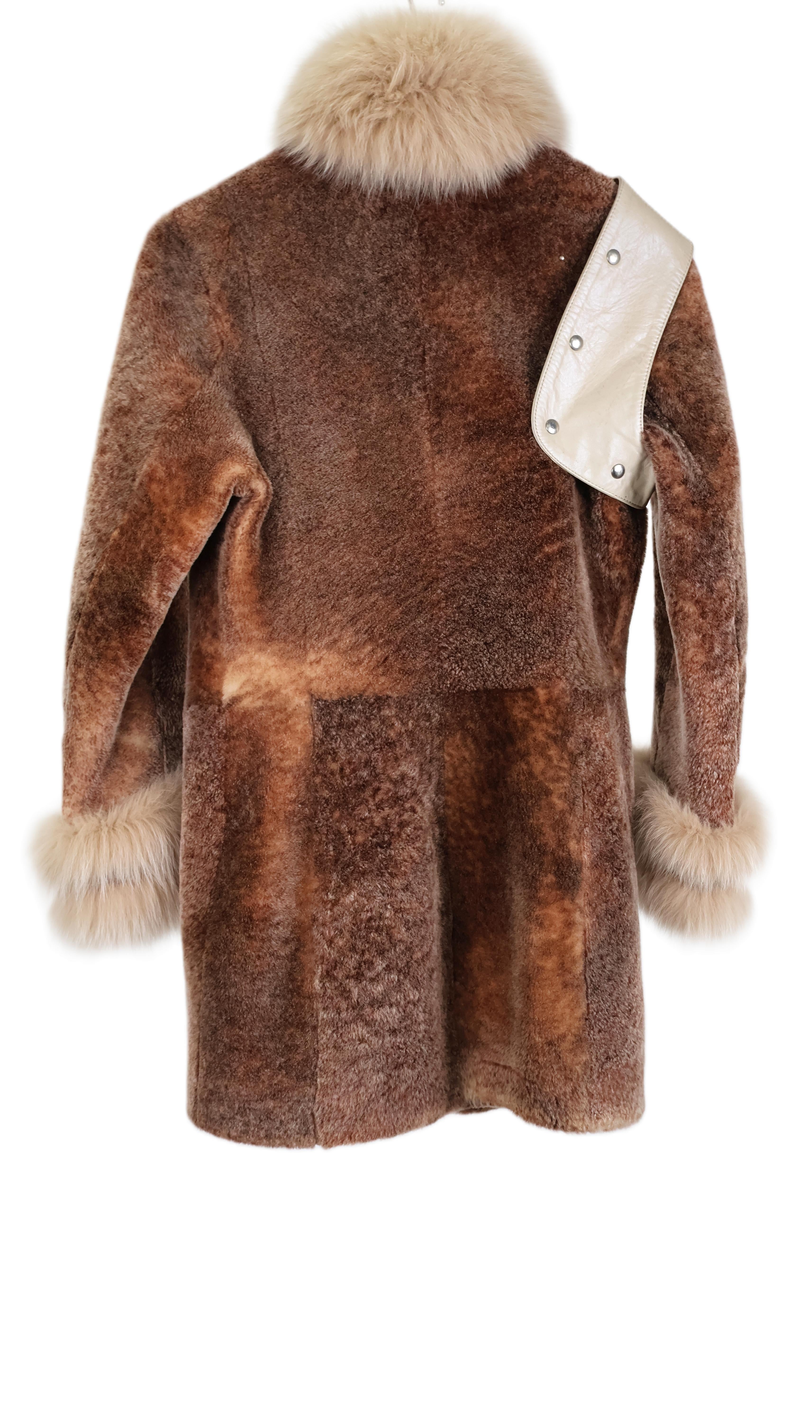 PRE-OWNED RUST BLUSH SHEARLING LAMB JACKET W/ FOX COLLAR & CUFFS & LEATHER SHOULDER STRAP