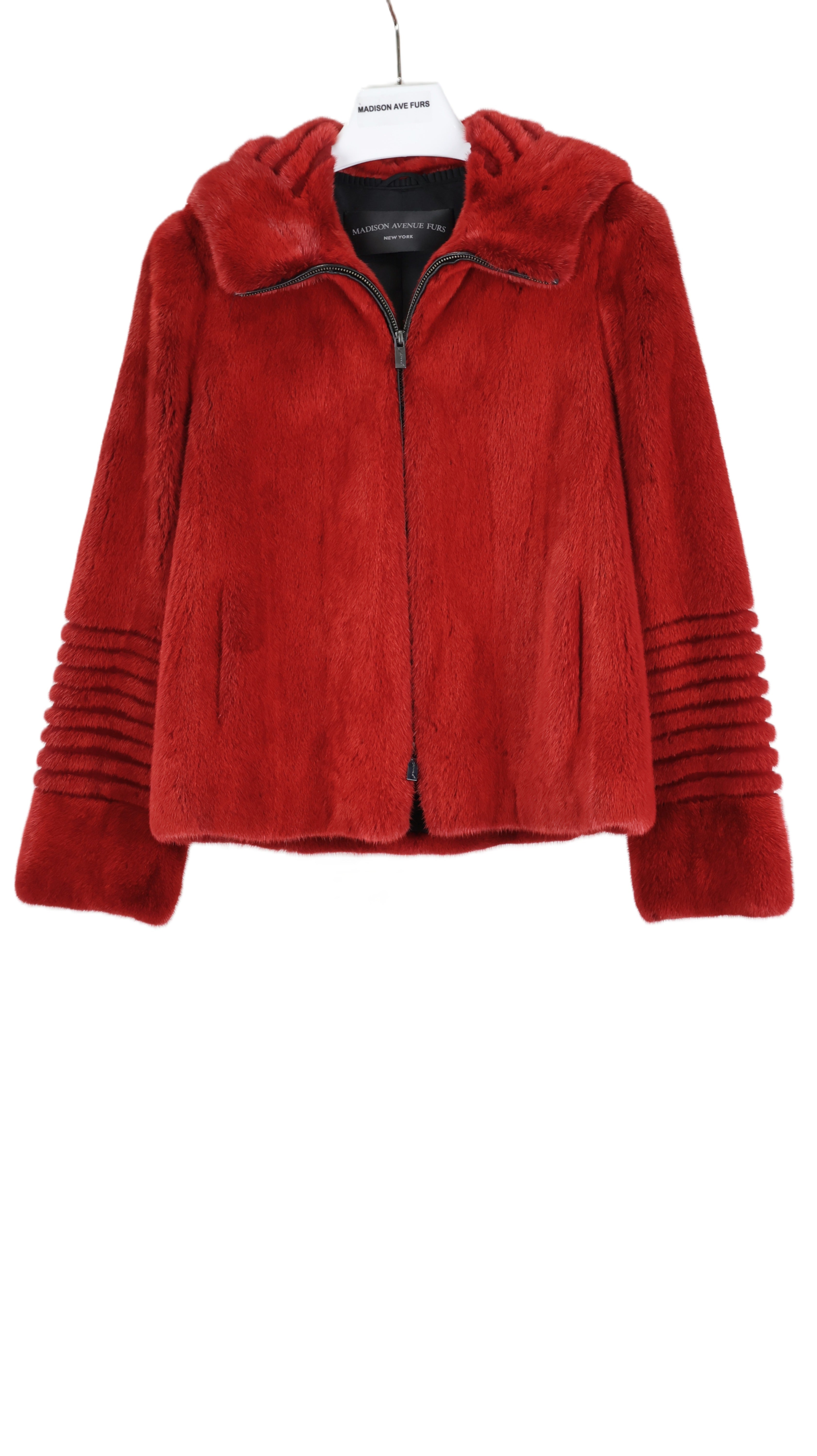PRE-OWNED RED DYED HOODED MINK ZIPPERED BOMBER JACKET W/ WING COLLAR & HORIZONTAL GROOVED SLEEVES
