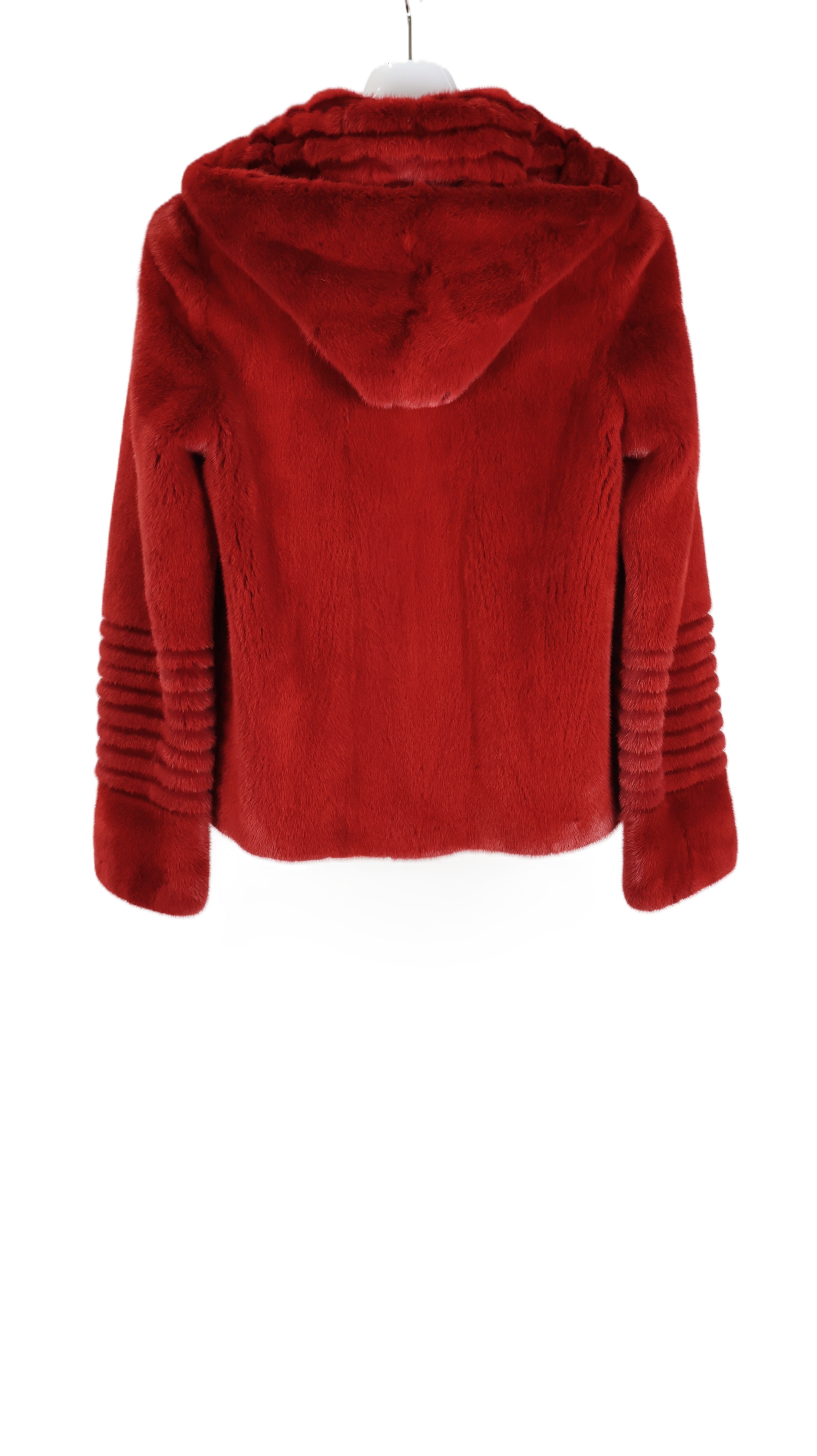 PRE-OWNED RED DYED HOODED MINK ZIPPERED BOMBER JACKET W/ WING COLLAR & HORIZONTAL GROOVED SLEEVES