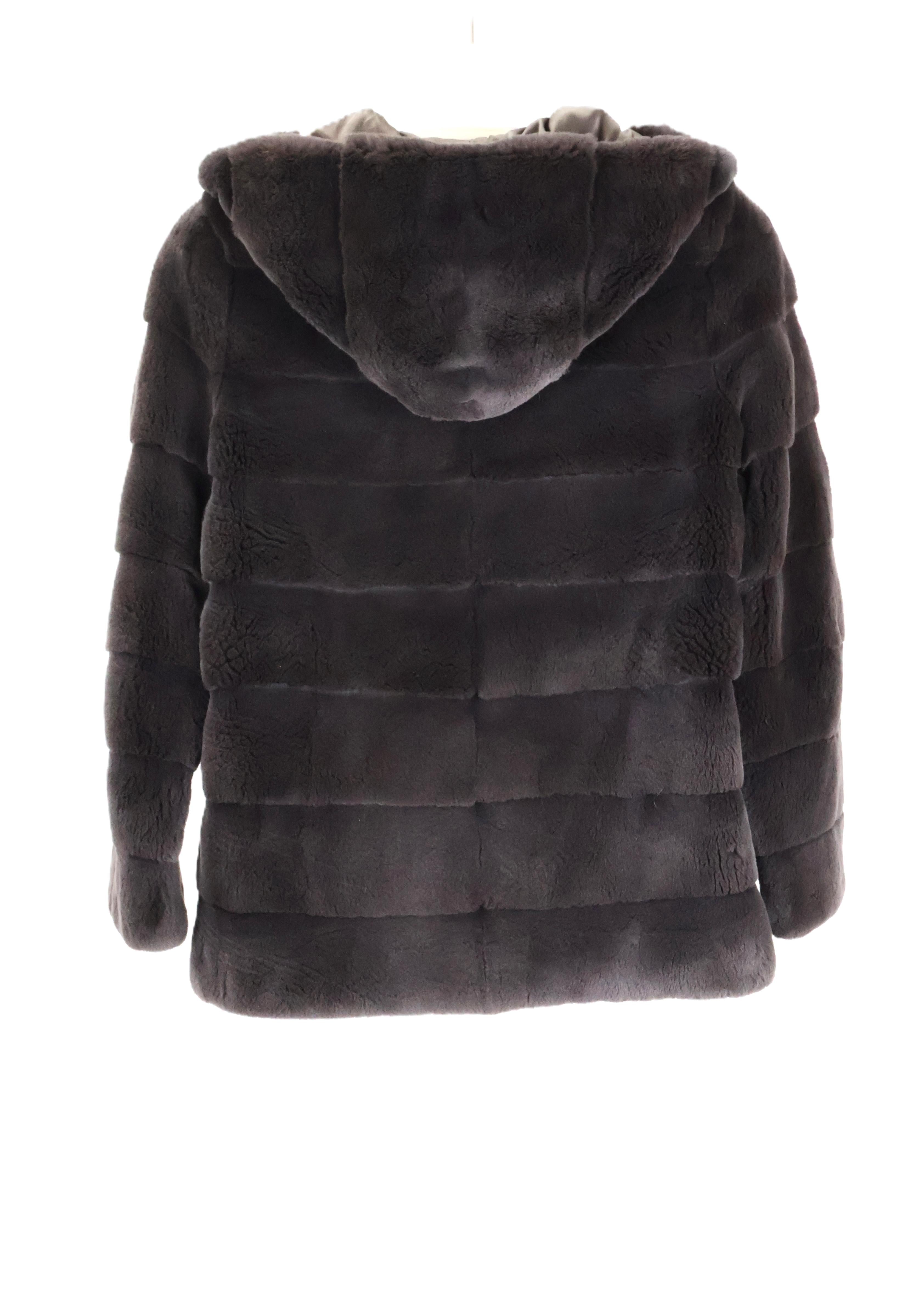 PRE-OWNED NORMAN AMBROSE GREY DYED HORIZONTAL SHEARED MINK HOODED ZIPPER JACKET