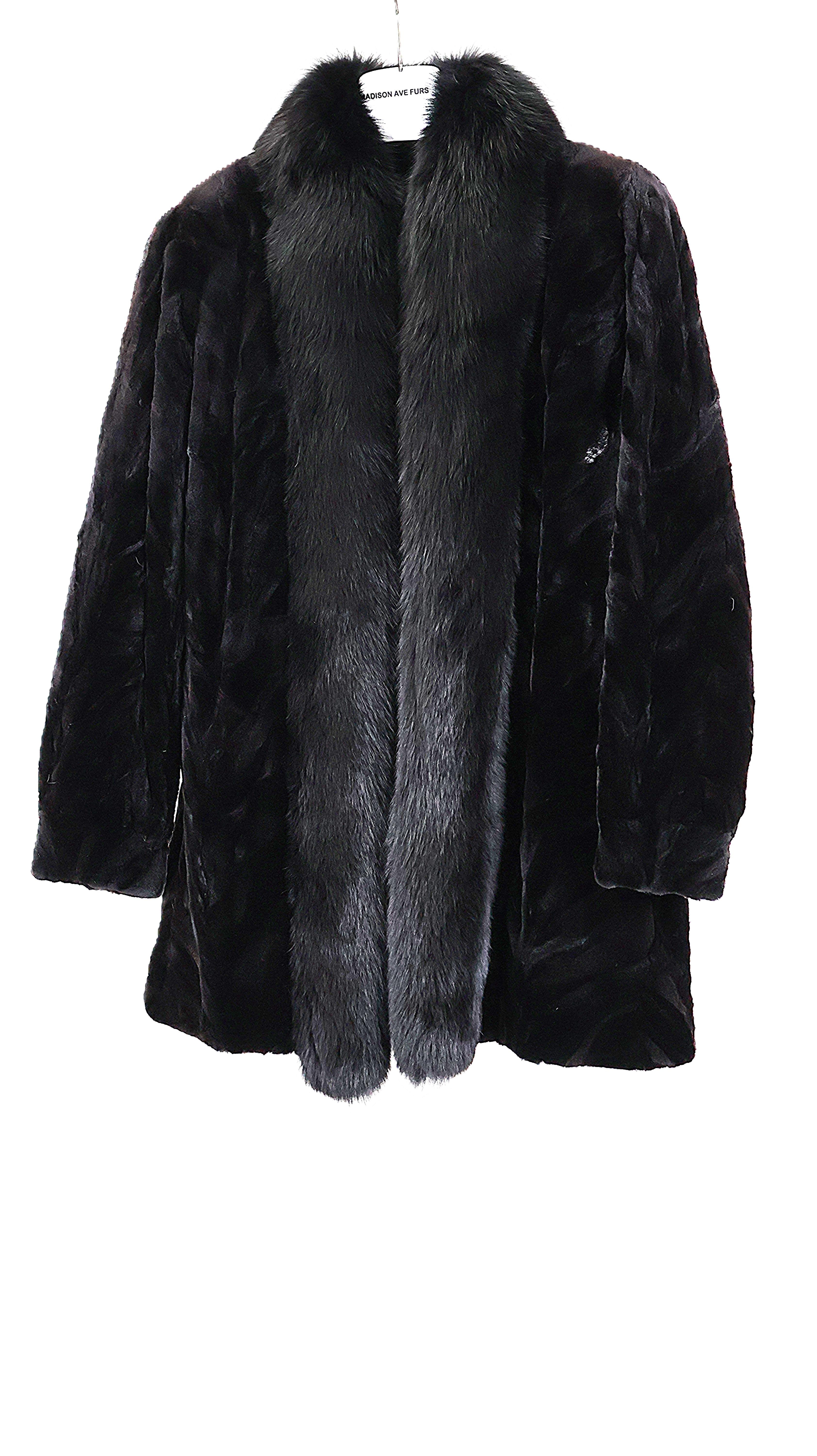 PRE-OWNED BLACK SHEARED MINK SECTION 3/4 JACKET W/ BLACK FOX TUXEDO FRONT