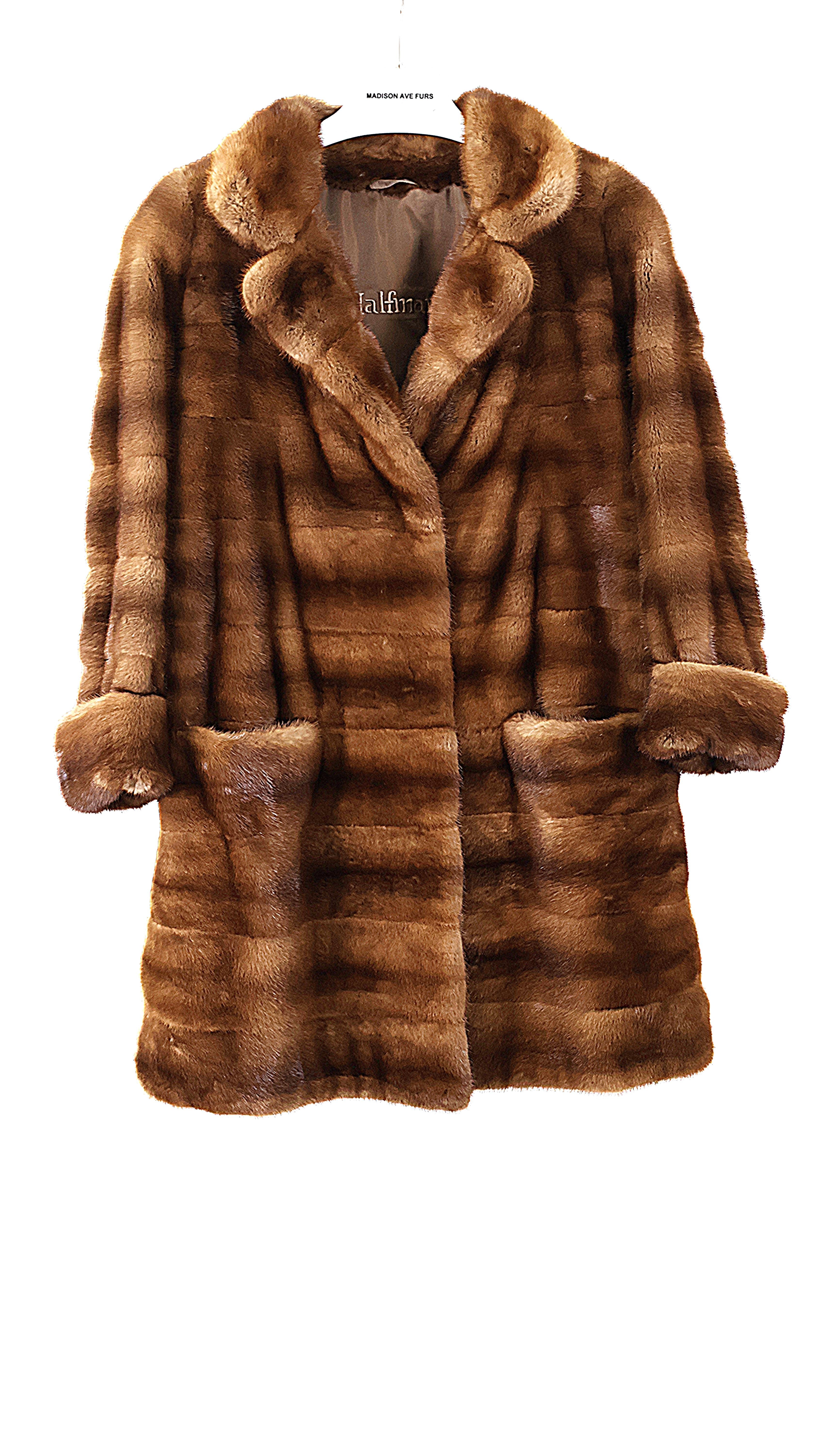PRE-OWNED DEMI BUFF HORIZONTAL MINK STROLLER W/ NOTCH COLLAR, TURN BACK CUFFS, PATCH POCKETS & SIDE SLITS