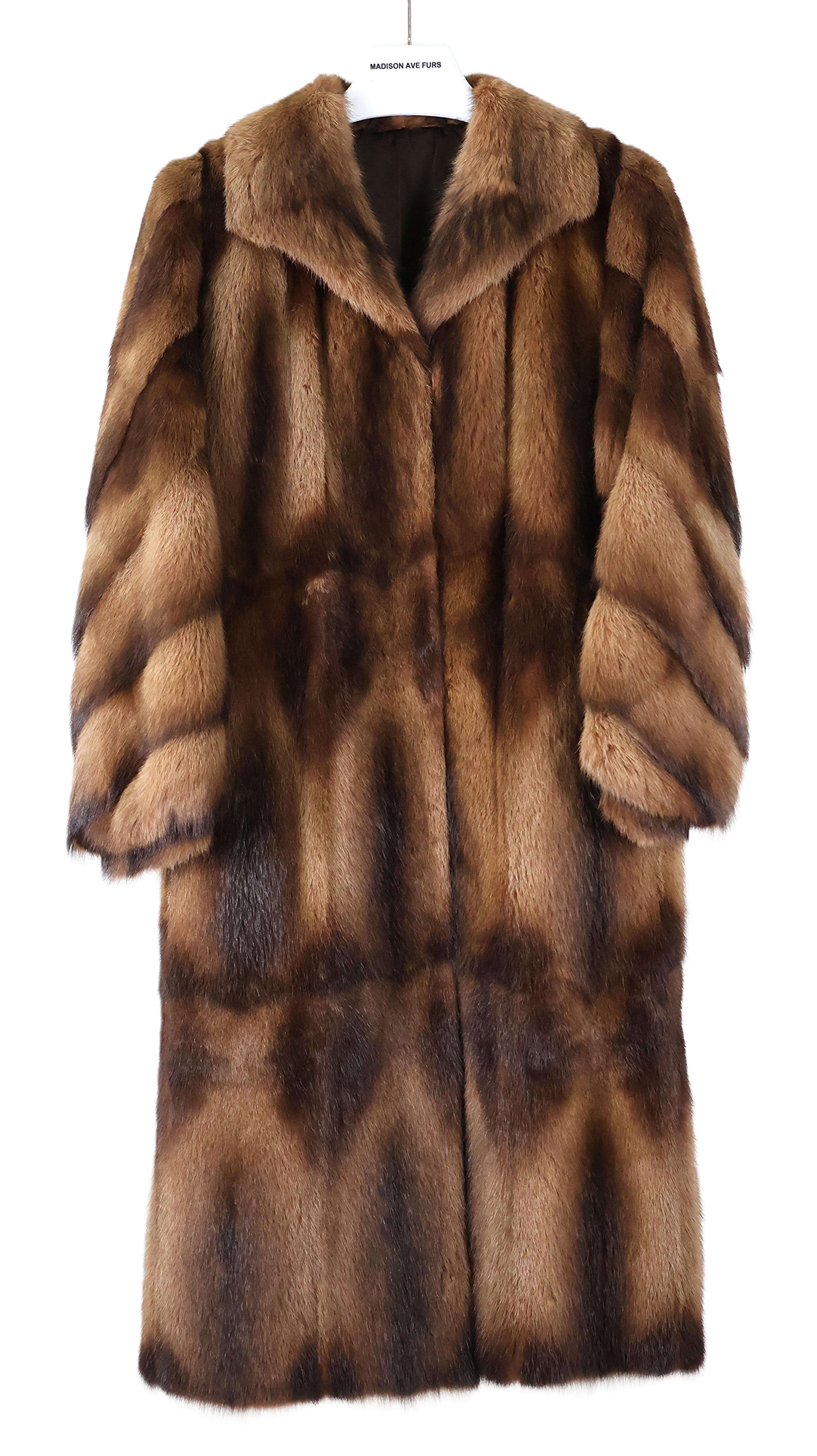 PRE-OWNED BROWN DYED PANELLED FITCH COAT W/ WING COLLAR, DIAGONAL SLEEVES & BANDED CUFFS