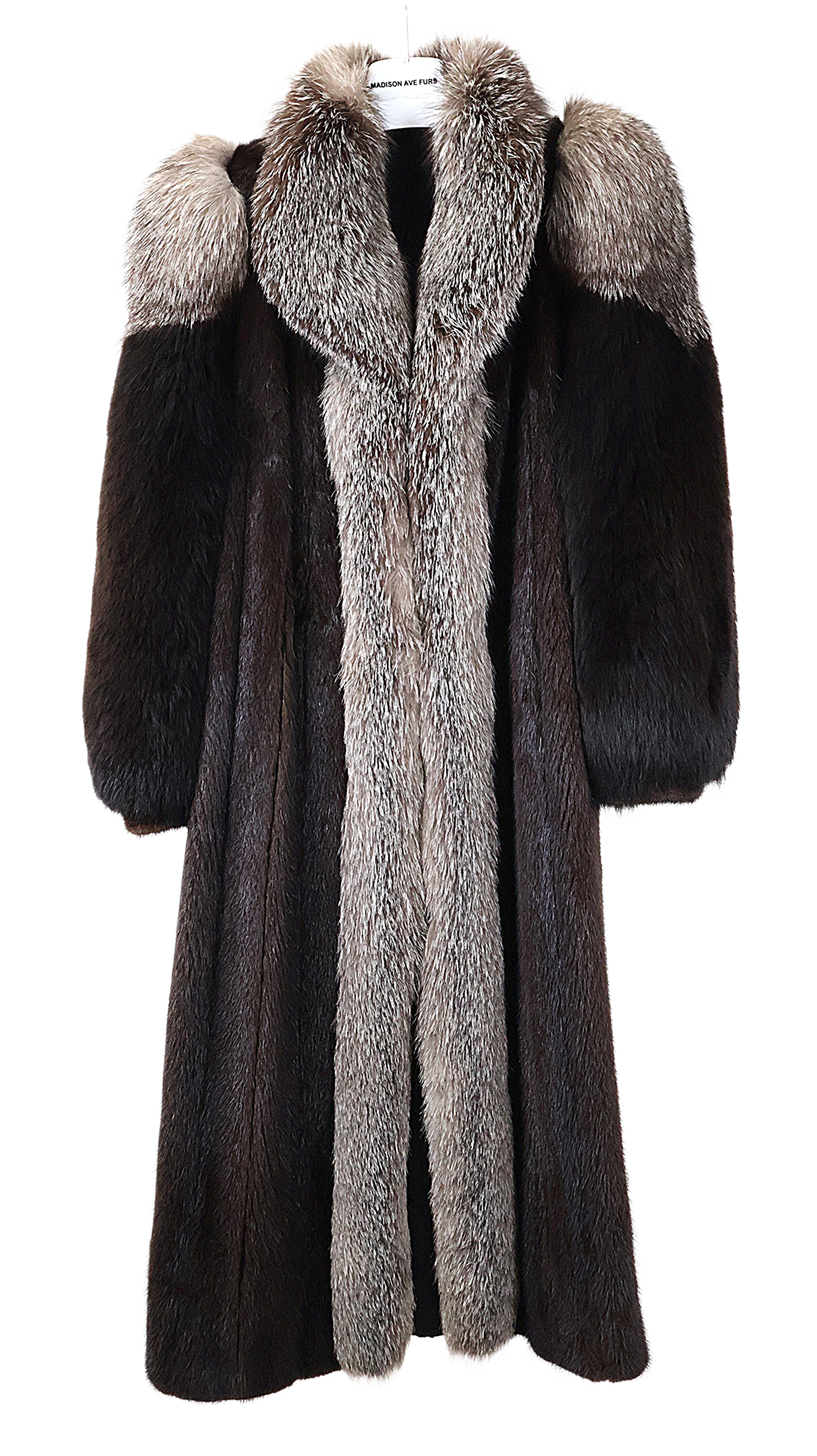 PRE-OWNED RANCH MINK COAT W/ INDIGO FOX TUXEDO. BLACK FOX SLEEVES, WING COLLAR & BRACELET CUFF