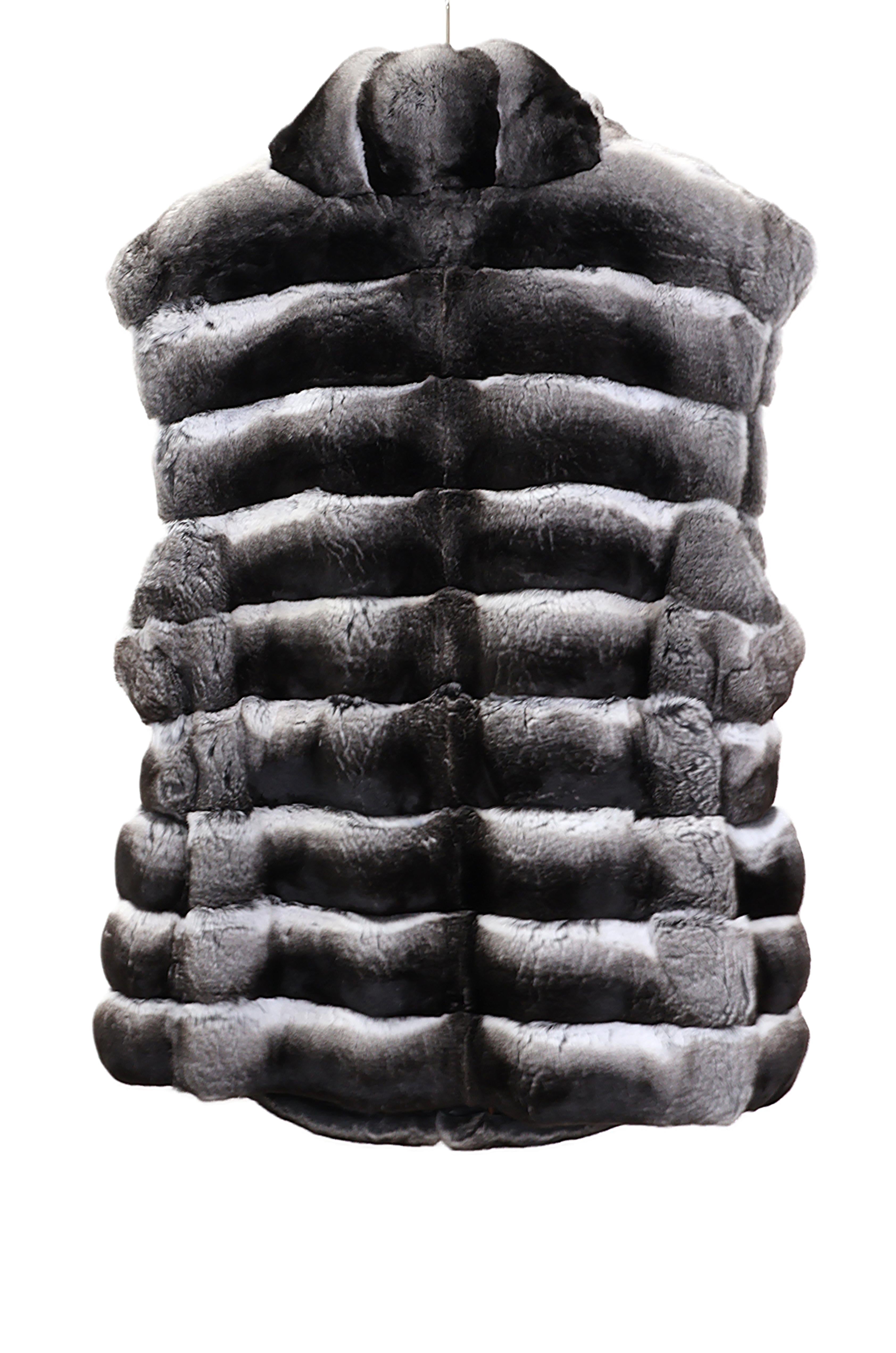 PRE-OWNED NATURAL CHINCHILLA HORIZONTAL VEST W/ STAND UP COLLAR & DRAWSTRING AT WAIST