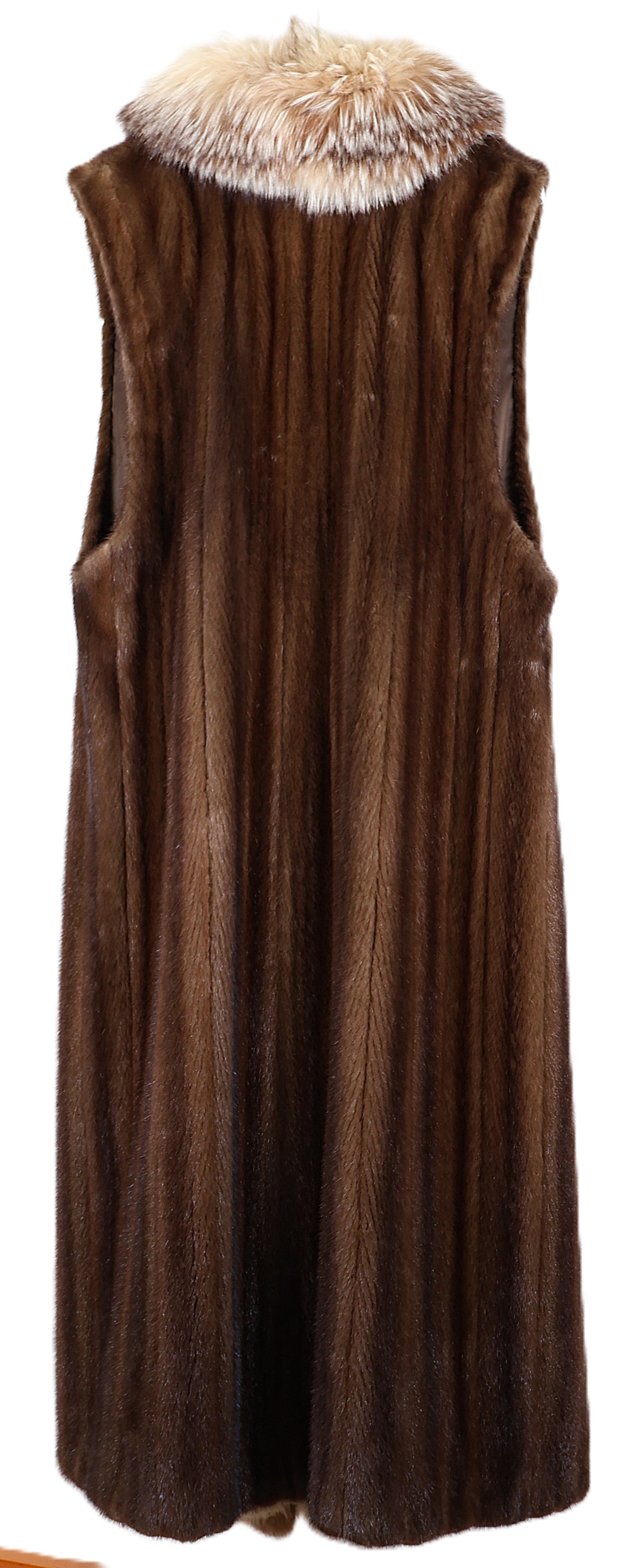 PRE OWNED MAHOGANY MINK LONG VEST W/ CRYSTAL FOX TUXRDO FRONT