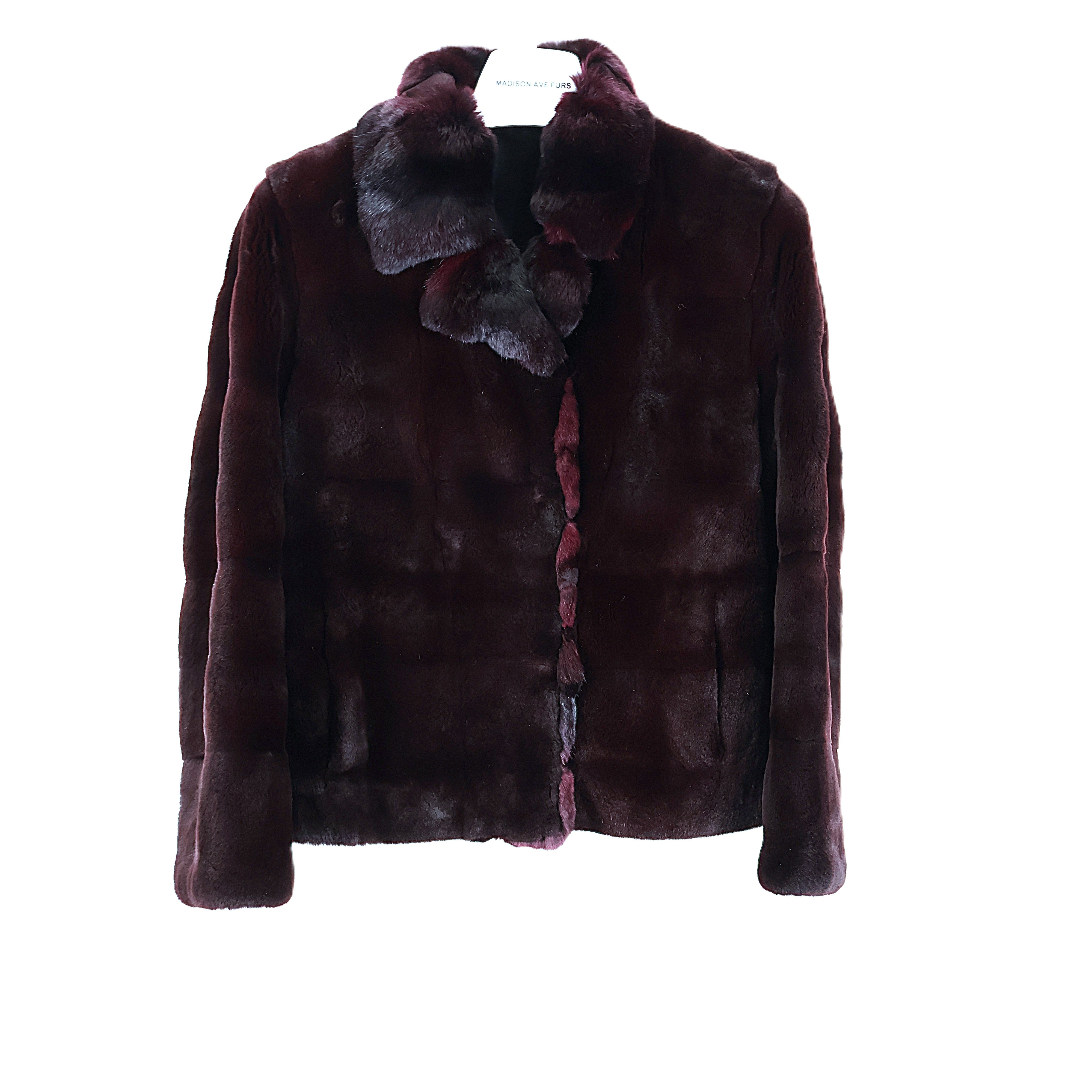 PRE-OWNED PLUM DYED SHEARED MINK JACKET W/ PLUM DYED CROSS-CUT CHINCHILLA FRONTS & NOTCH COLLAR