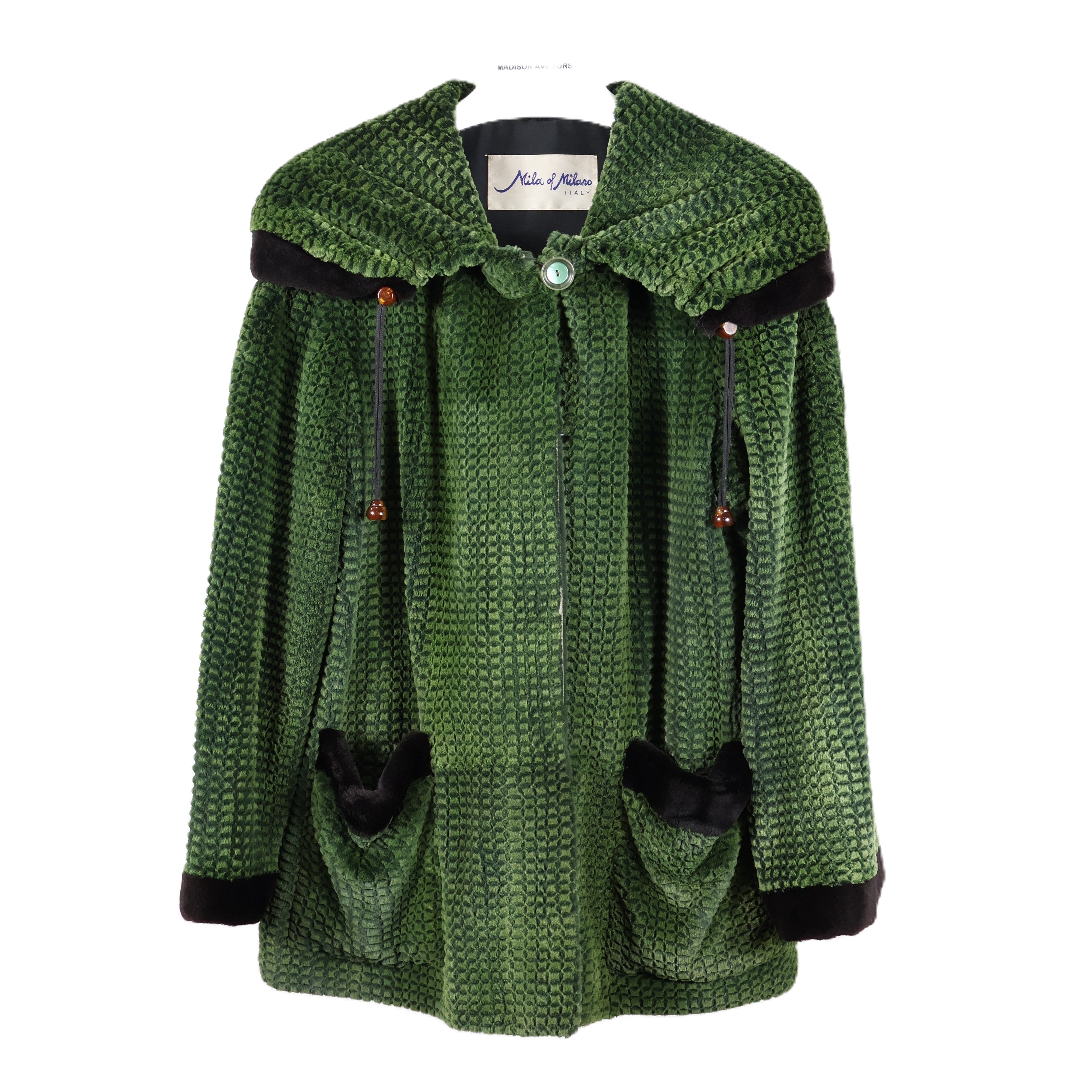 PRE-OWNED GREEN DYED GROOVED SHEARED MINK JACKET W/ HOOD & BLACK SHEARED MINK TRIM AT SLEEVE EDGE, HOOD & PATCH POCKETS