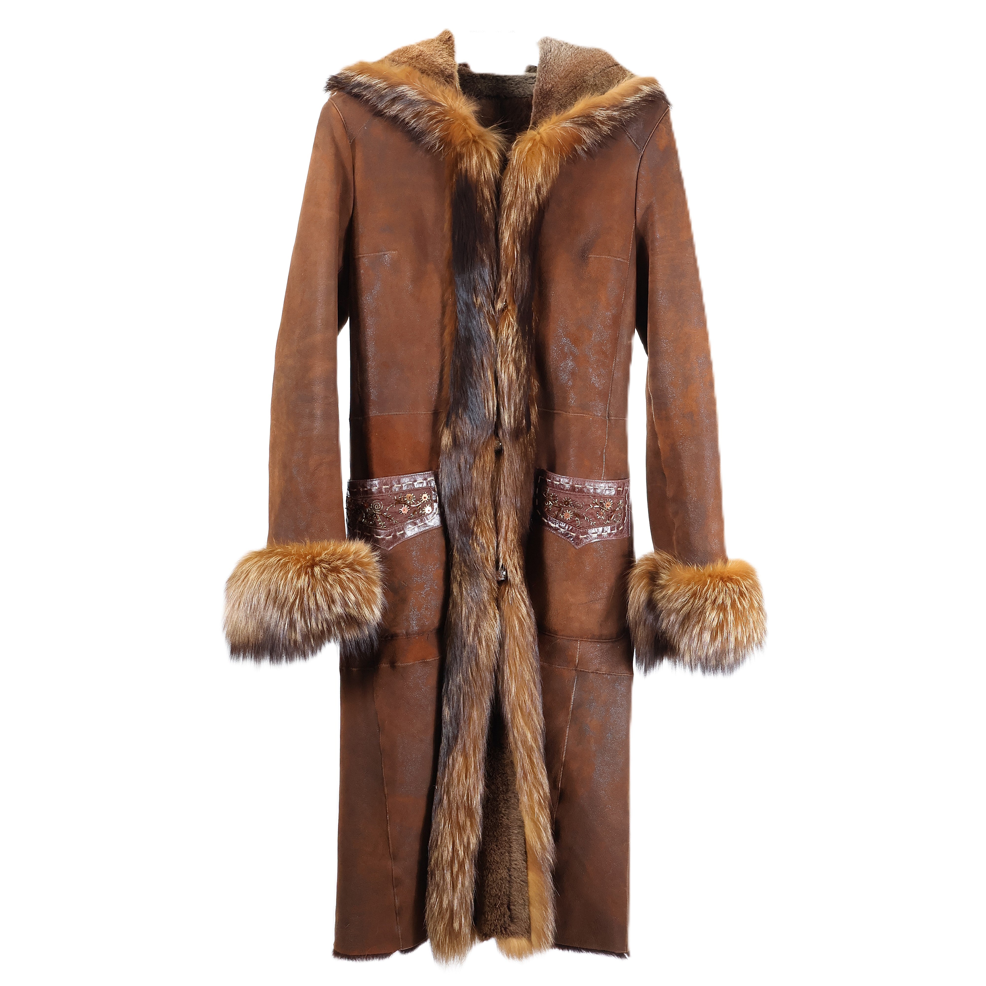PRE-OWNED CAMEL DISTRESSED HOODED SHEARLING COAT W/ DYED FOX TRIM & CUFFS, LEATHER & BEADED POCKETS