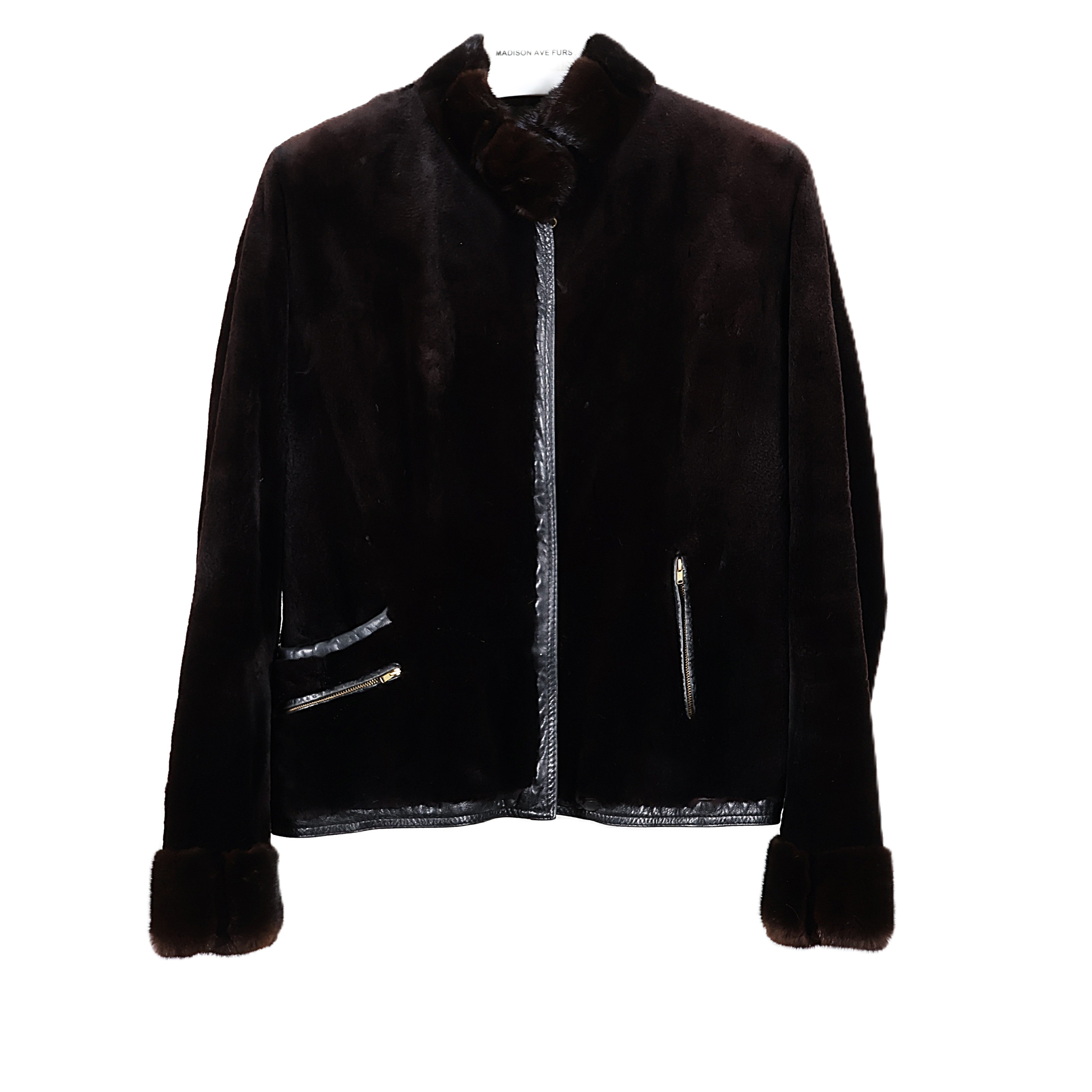 PRE-OWNED BLACK DYED SHEARED MINK ZIPPERED JACKET W/ LONG HAIR MINK COLLAR & CUFFS, LEATHER TRIM