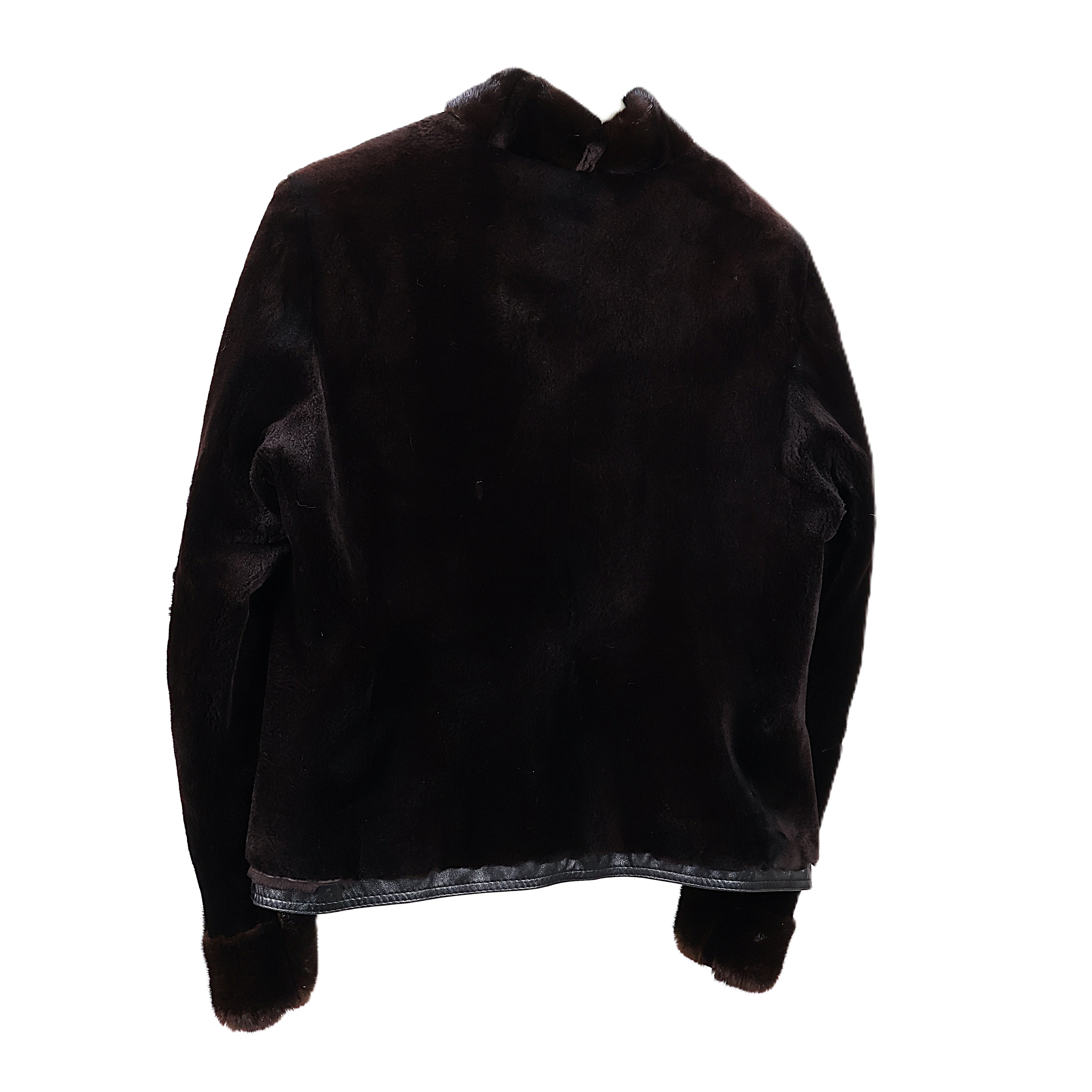 PRE-OWNED BLACK DYED SHEARED MINK ZIPPERED JACKET W/ LONG HAIR MINK COLLAR & CUFFS, LEATHER TRIM