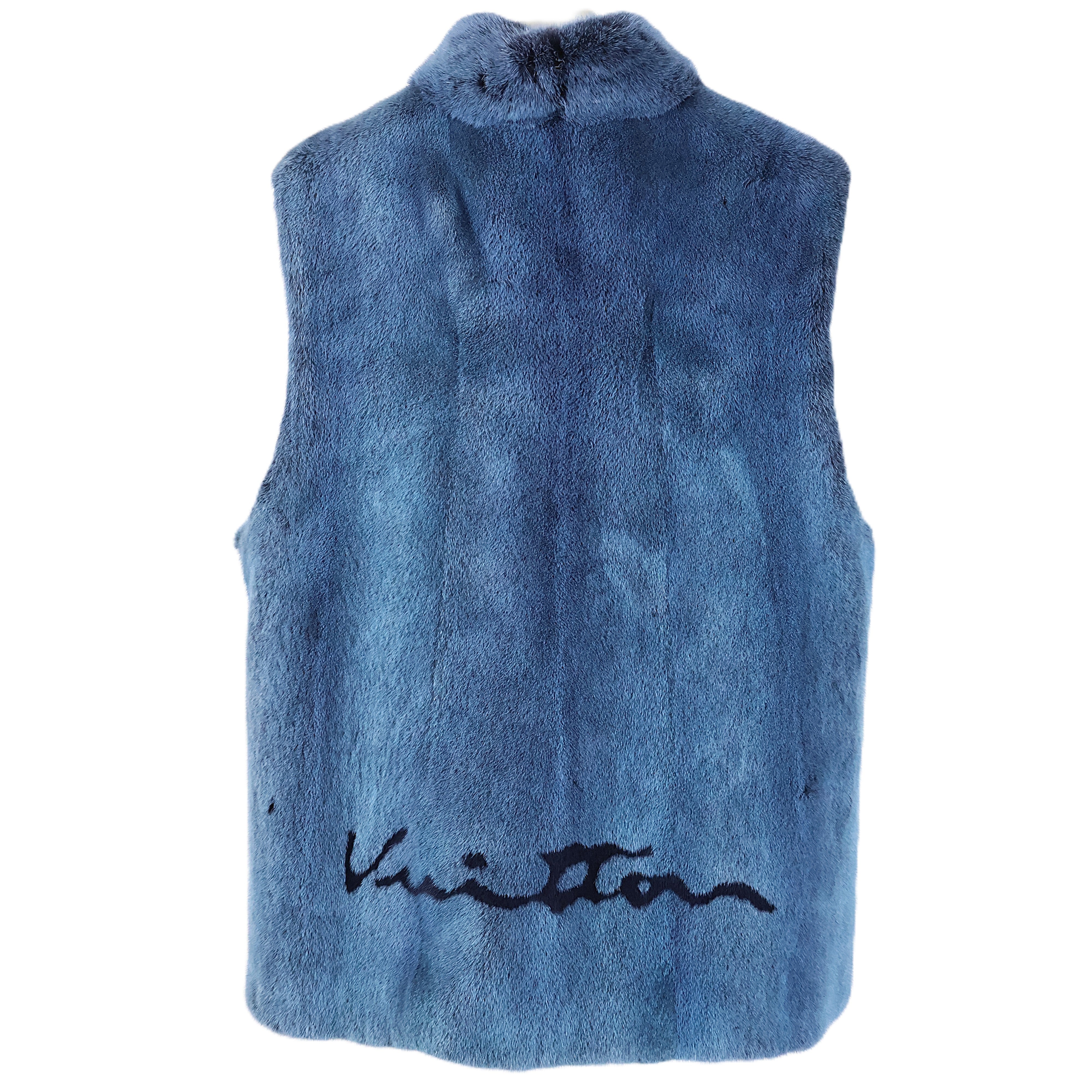 PRE-OWNED LOUIS VUITTON BLUE DYED ZIPPERED MINK VEST W/ STAND COLLAR & BLACK INSIGNIA