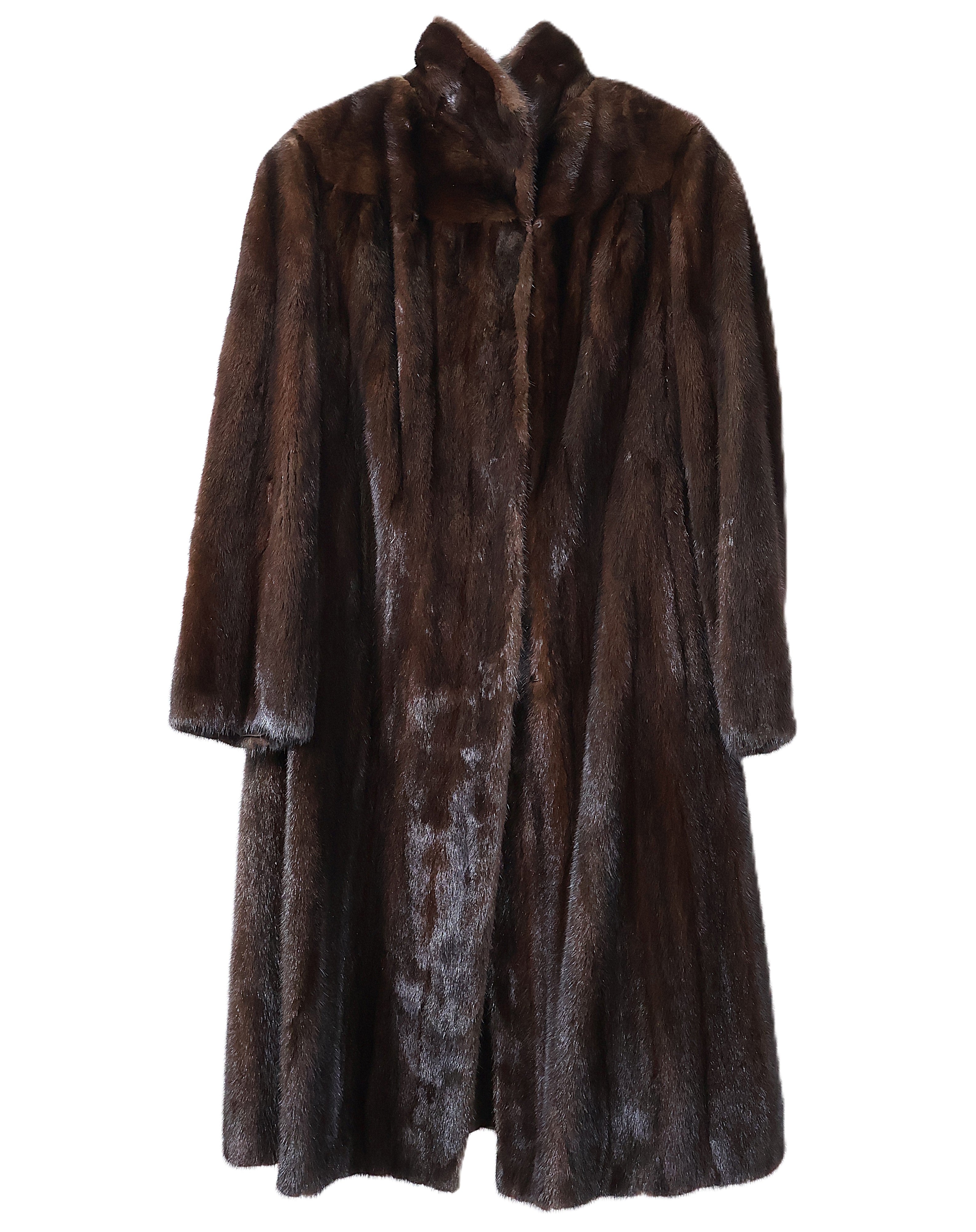 PRE-OWNED MAHOGANY DYED MINK COAT W/ WING COLLAR & BANDED CUFFS & SCALLOPED HEM