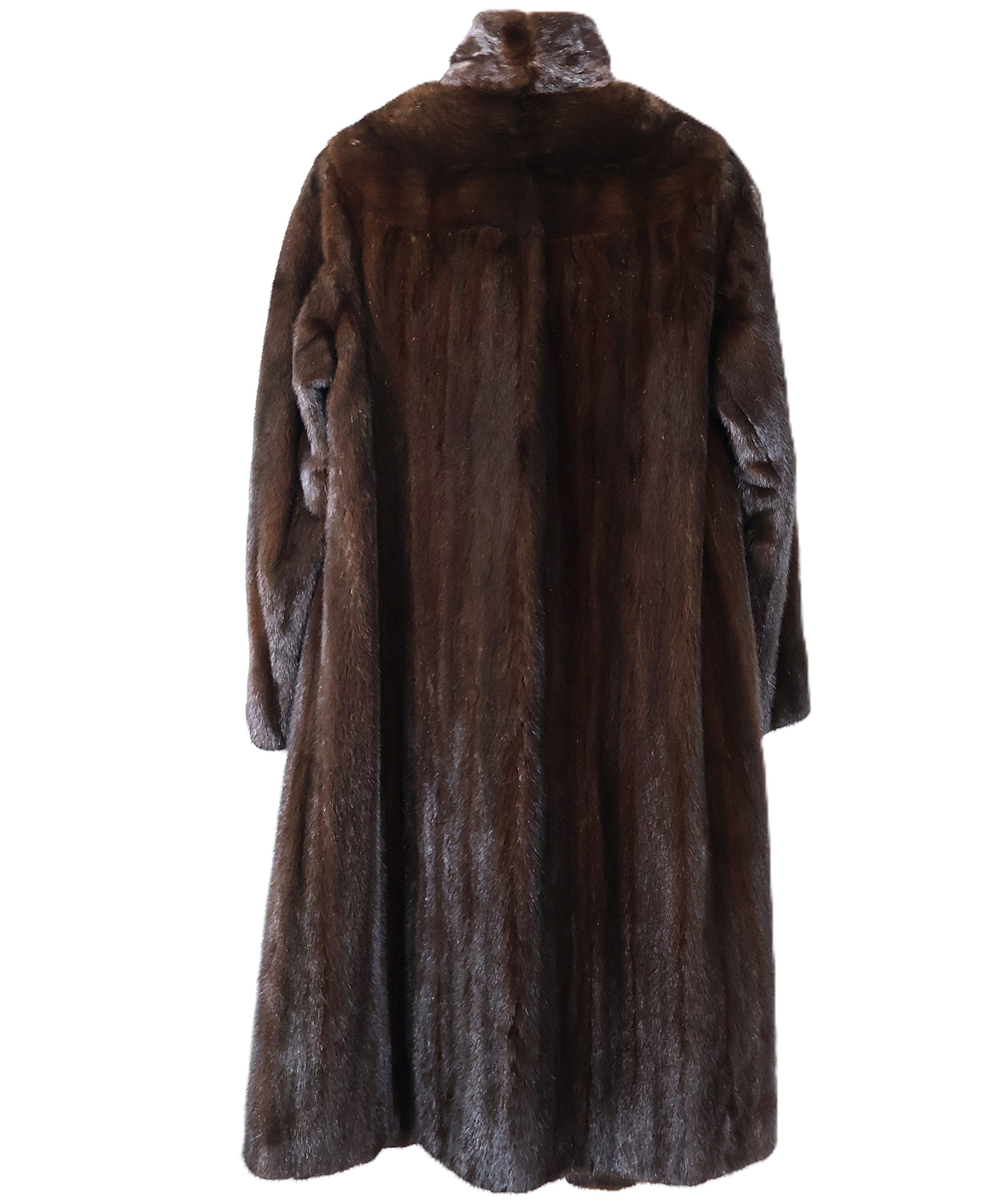PRE-OWNED MAHOGANY DYED MINK COAT W/ WING COLLAR & BANDED CUFFS & SCALLOPED HEM