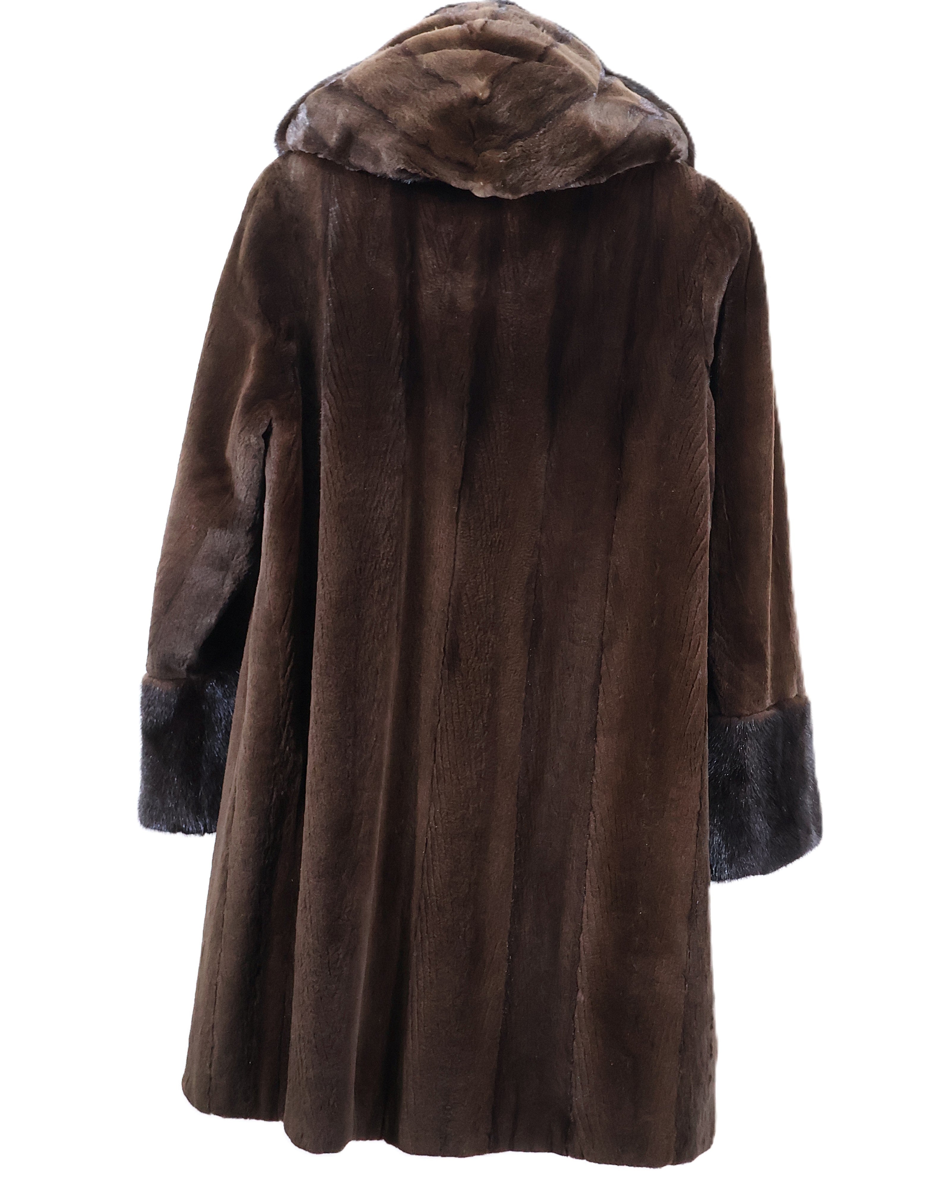 PRE-OWNED BROWN SHEARED MINK STROLLER W/ DETACHABLE HOOD, LONG HAIR MINK WING COLLAR & CUFFS
