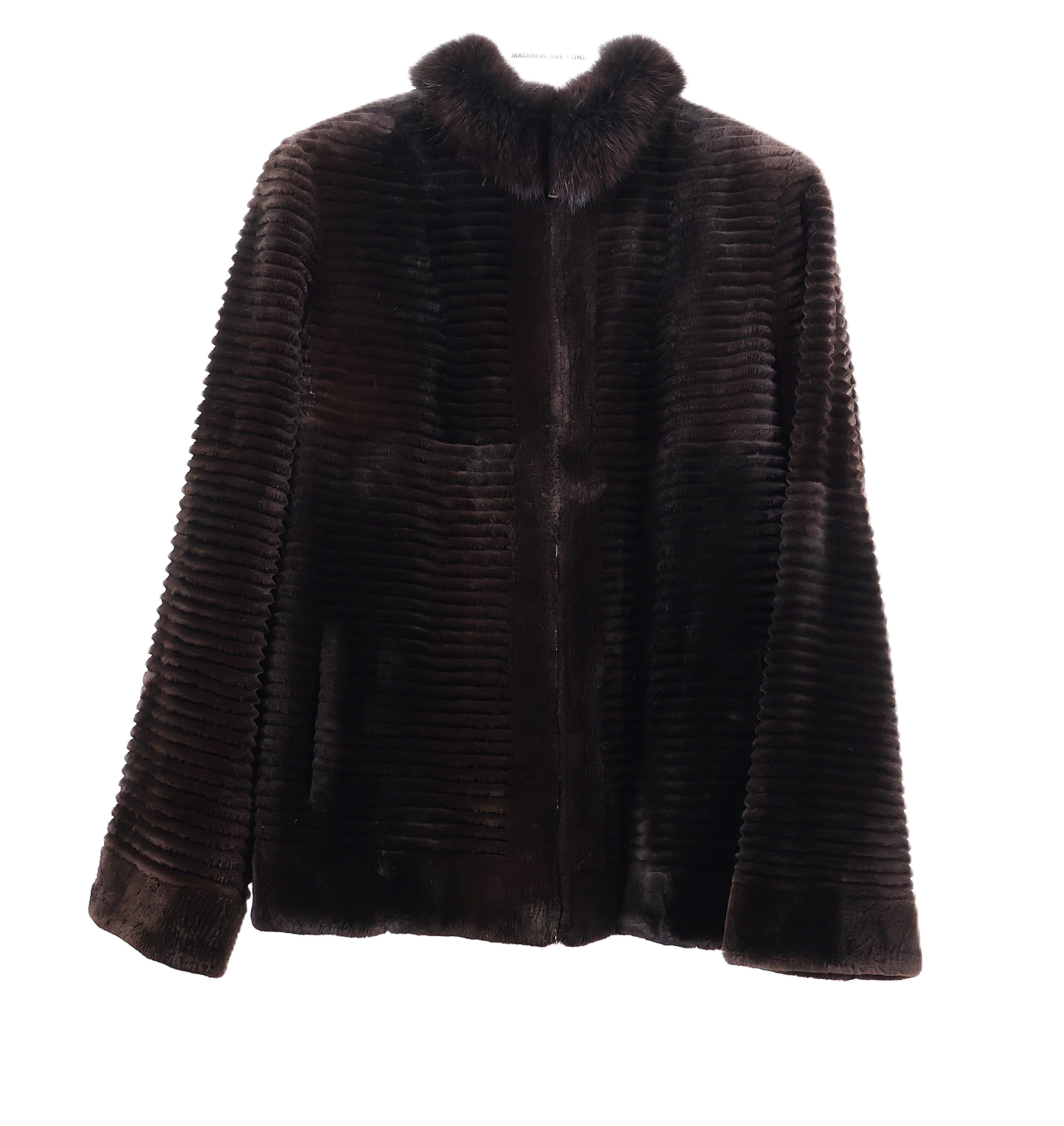 PRE-OWNED BROWN DYED SHEARED & GROOVED MINK ZIPPERED JACKET W/ BROWN FOX COLLAR