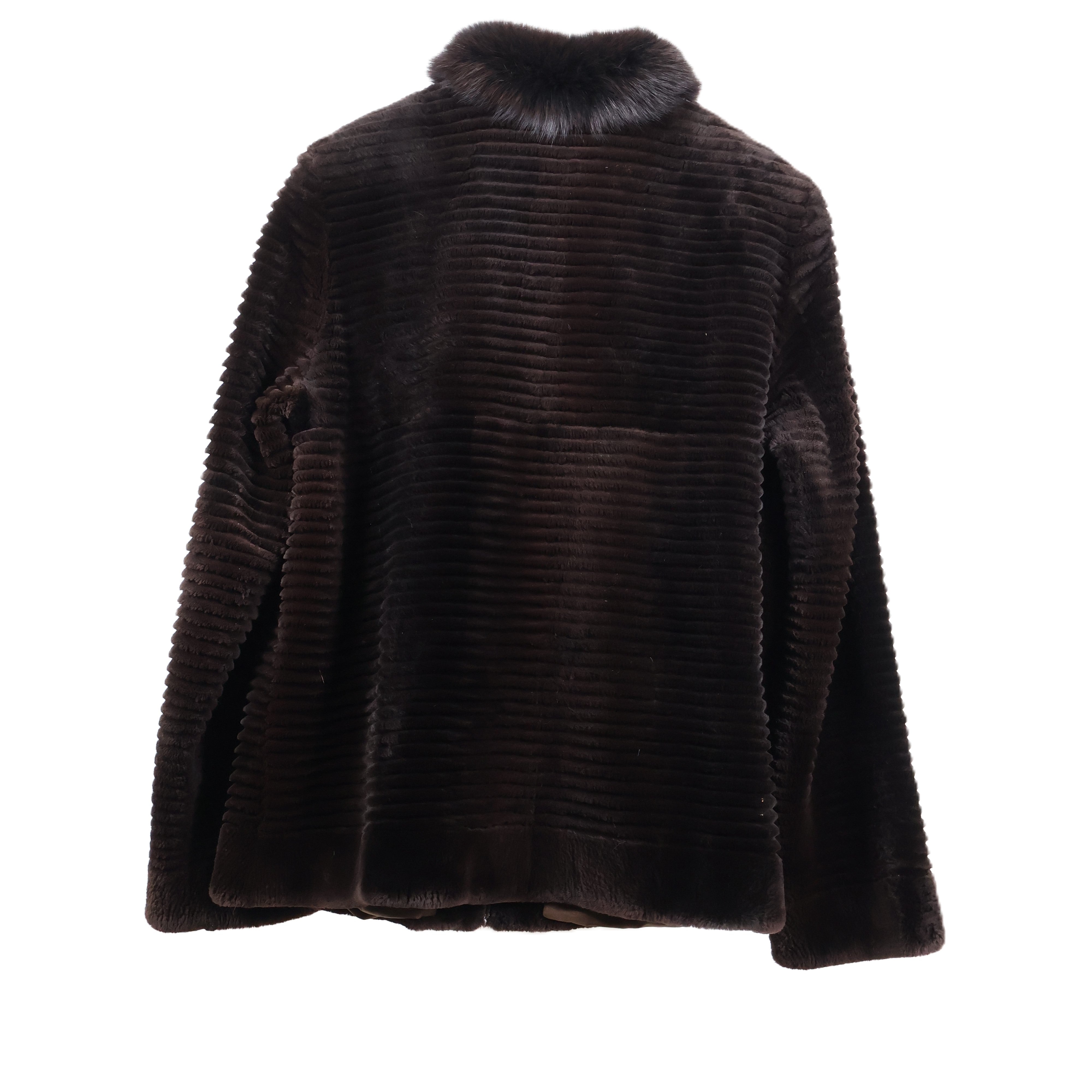 PRE-OWNED BROWN DYED SHEARED & GROOVED MINK ZIPPERED JACKET W/ BROWN FOX COLLAR