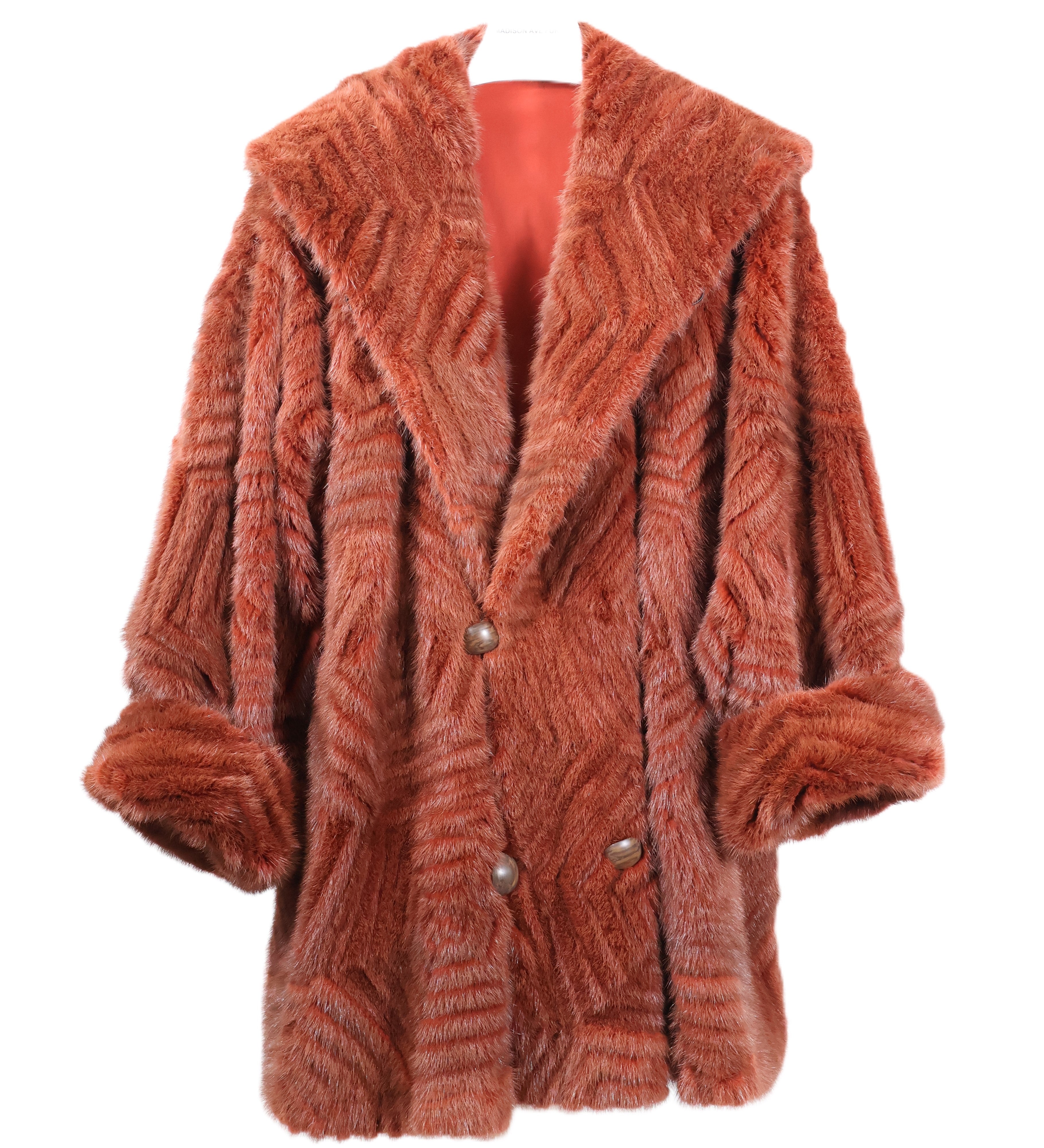 PRE-OWNED BRICK RED DYED LAYERED MINK HOODED STROLLER W/ TURN BACK CUFFS REVERSIBLE TO TAFFETA