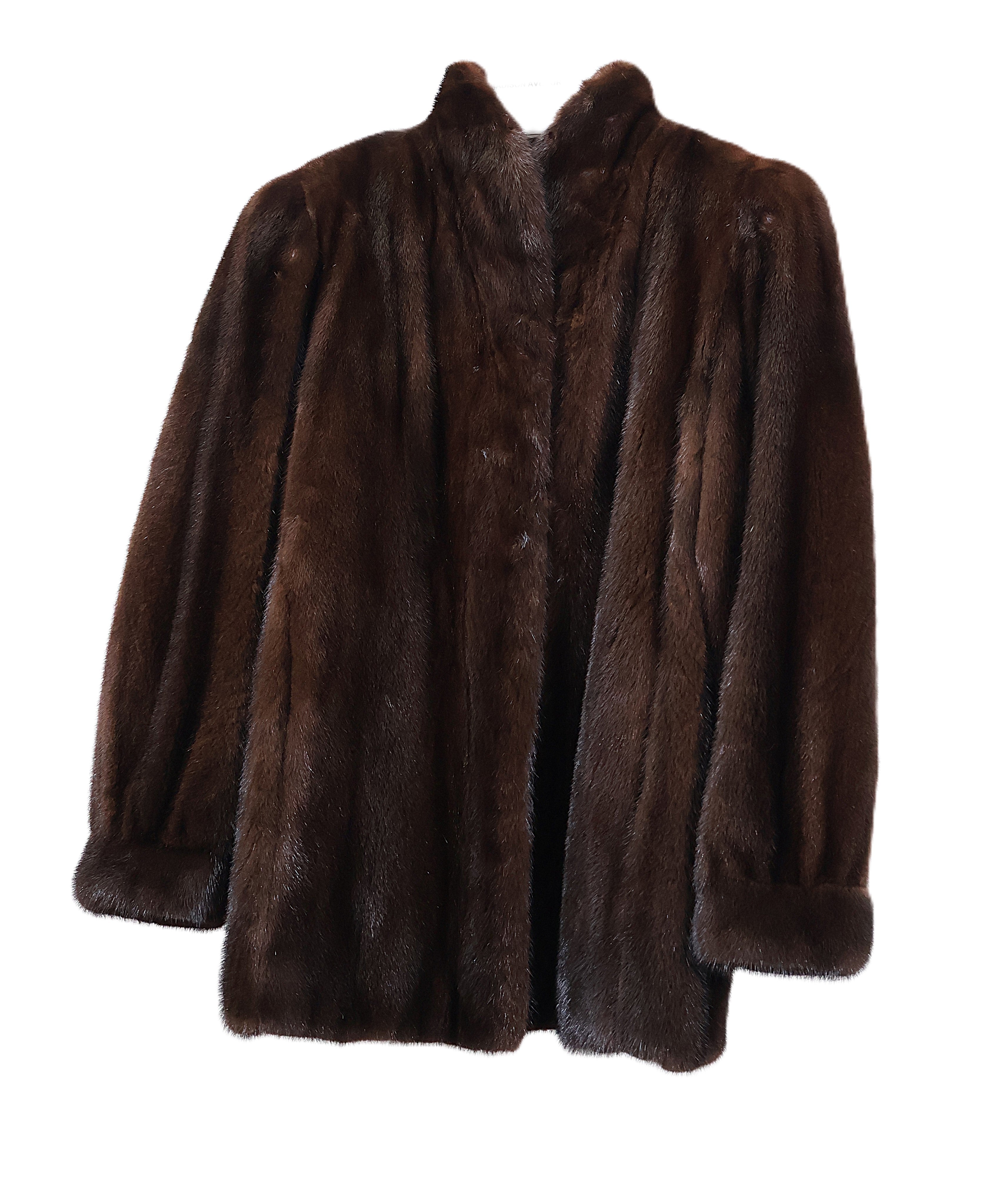 PRE-OWNED MAHOGANY MINK JACKET W/ STAND UP COLLAR & BANDED CUFFS