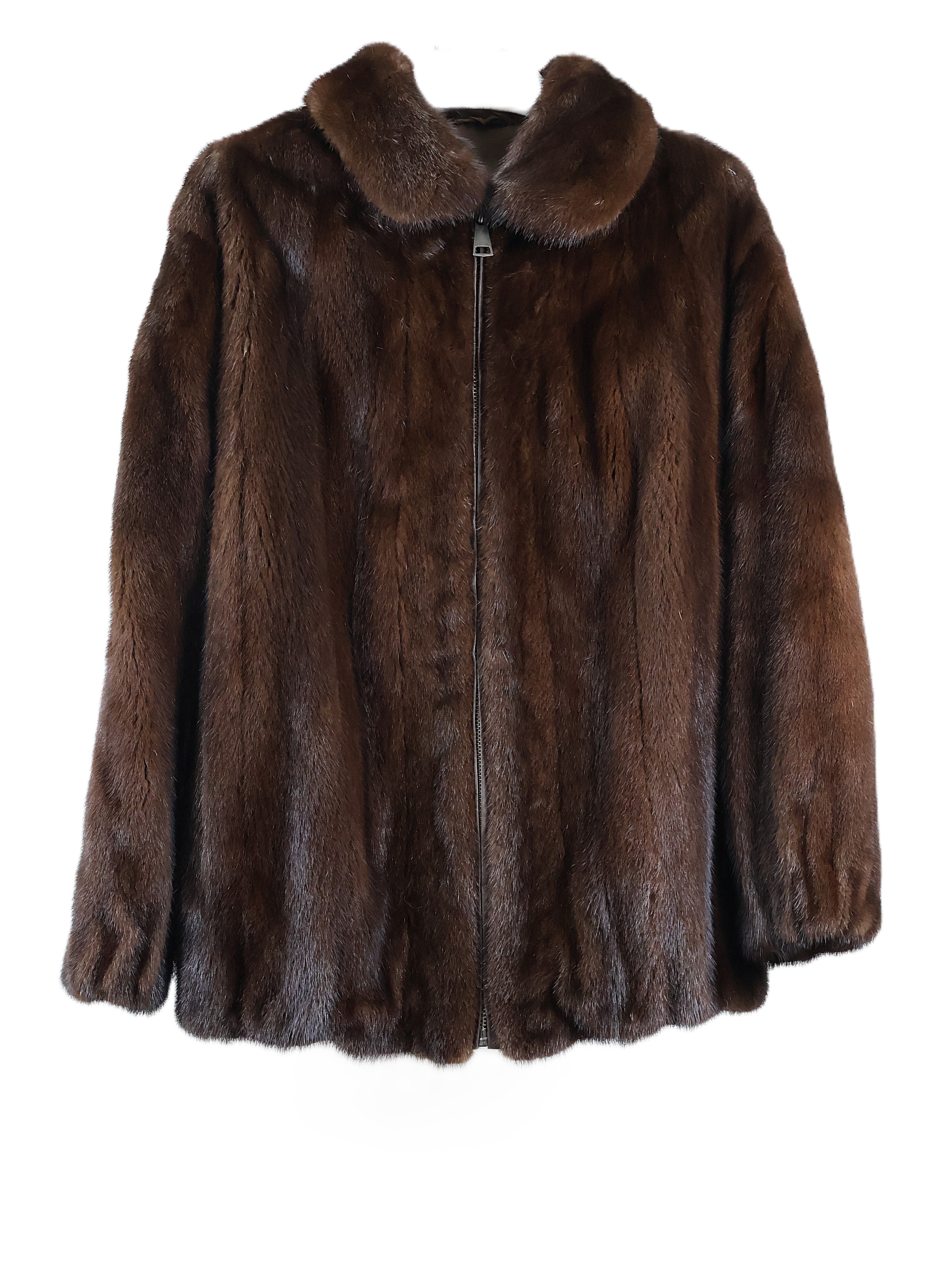 PRE-OWNED MEN'S MAHOGANY MINK BOMBER JACKET W/ WING COLLAR & ELASTIC SLEEVE FINISH