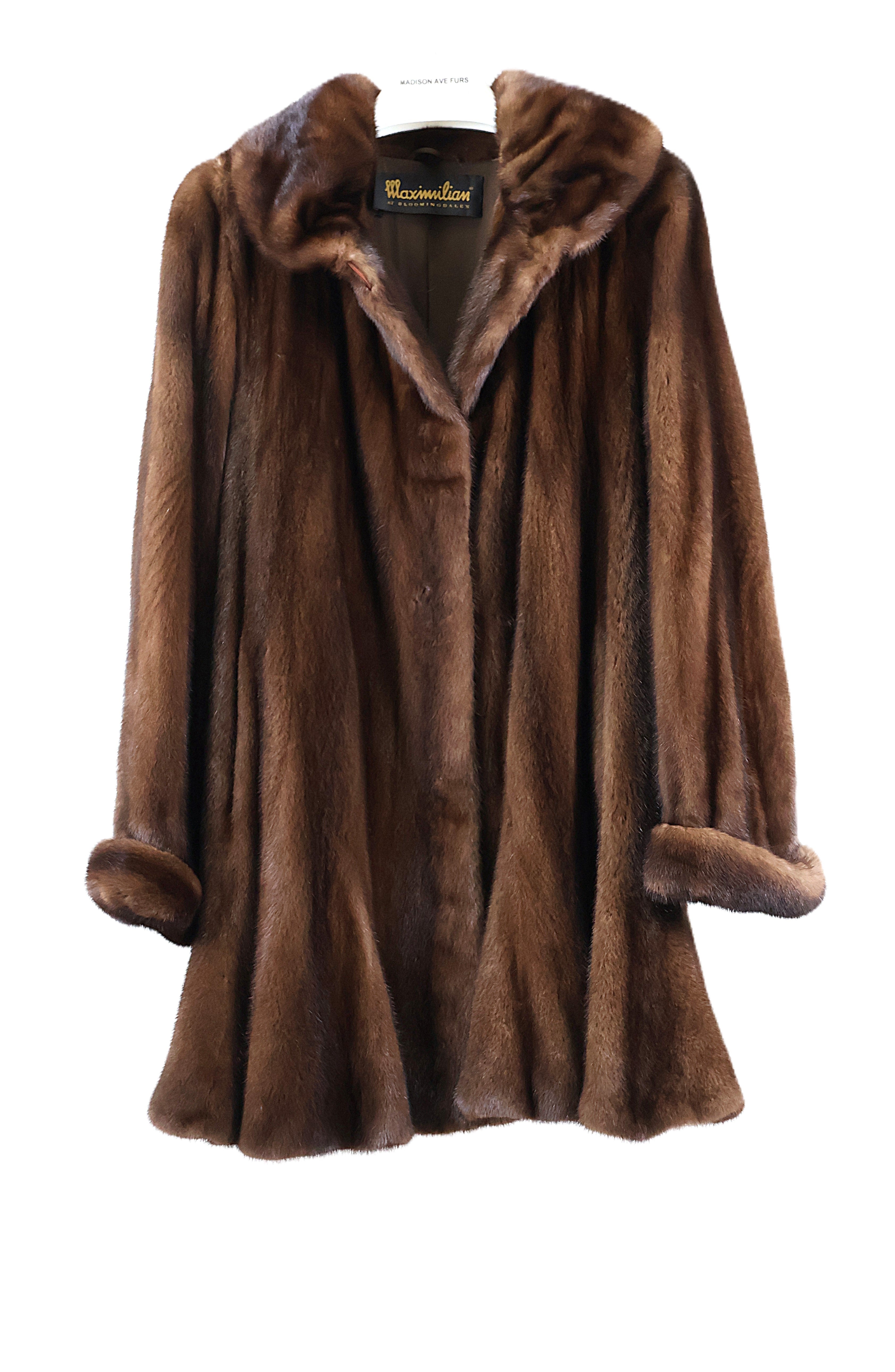 PRE-OWNED DEMI BUFF MINK SWING 7/8 COAT W/ PORTRAIT COLLAR & TURN BACK CUFFS