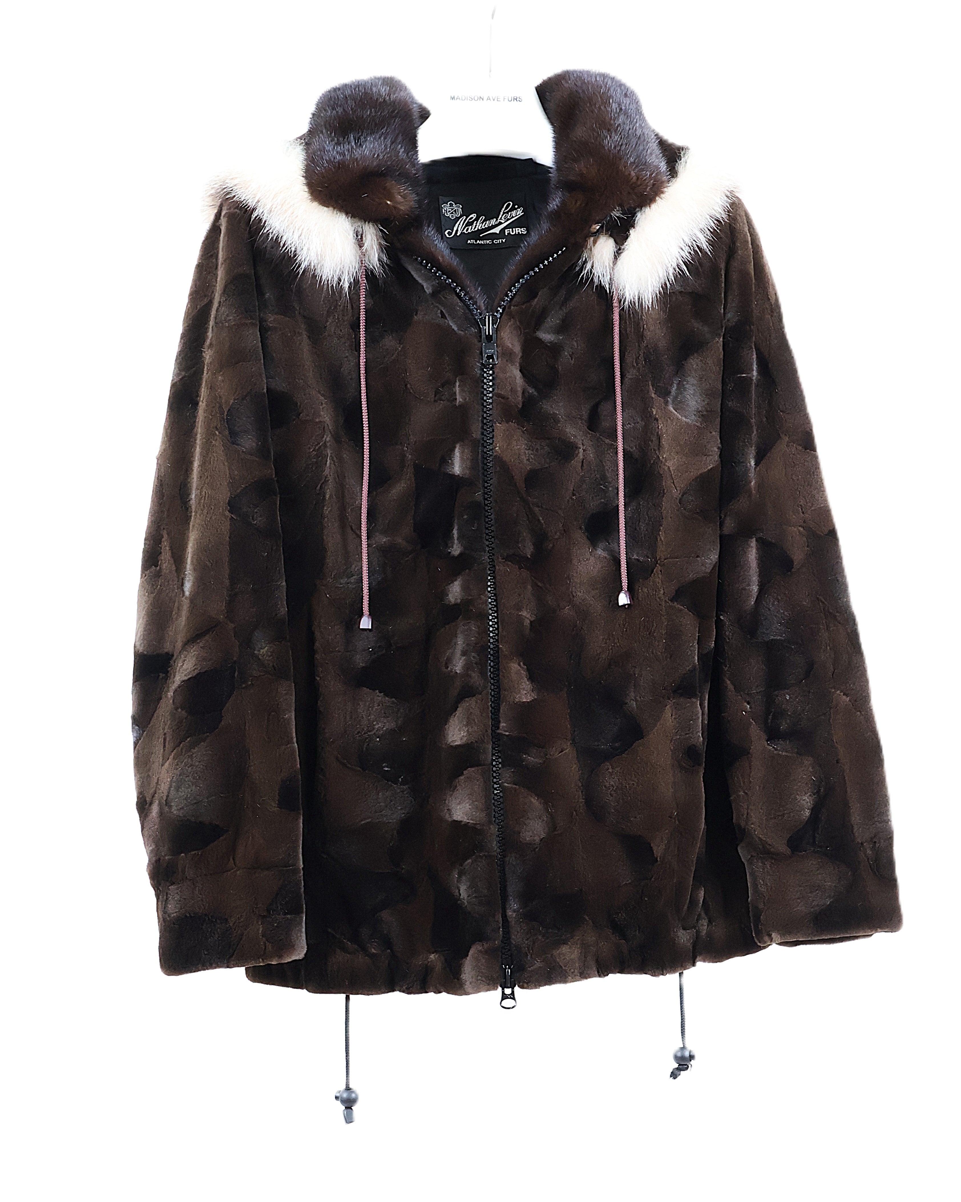 PRE-OWNED BROWN DYED SHEARED MINK SECTION ZIPPERED JACKET W/ DETACHABLE FOX TRIMMED HOOD & DRAWSTRING HEM