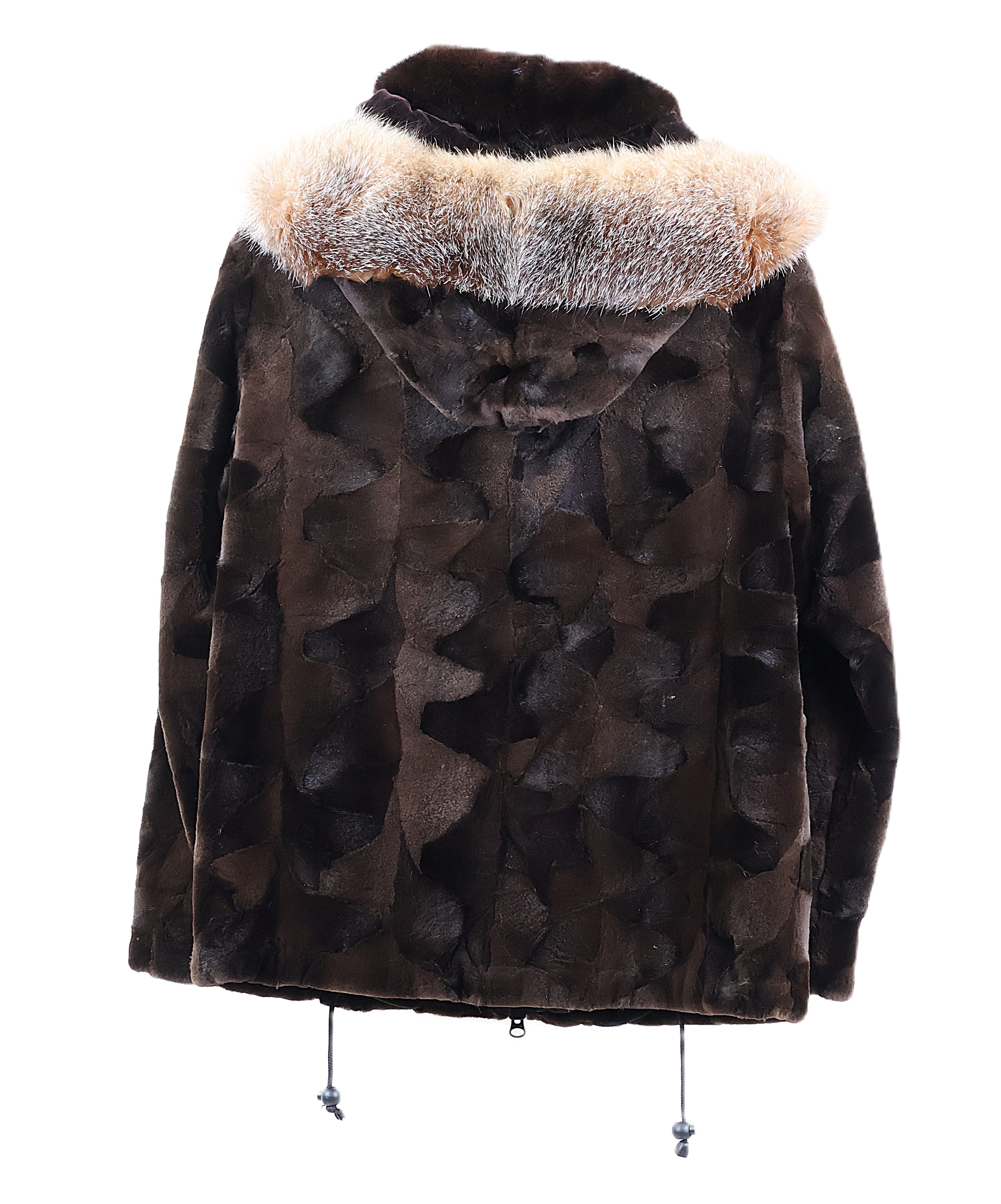 PRE-OWNED BROWN DYED SHEARED MINK SECTION ZIPPERED JACKET W/ DETACHABLE FOX TRIMMED HOOD & DRAWSTRING HEM