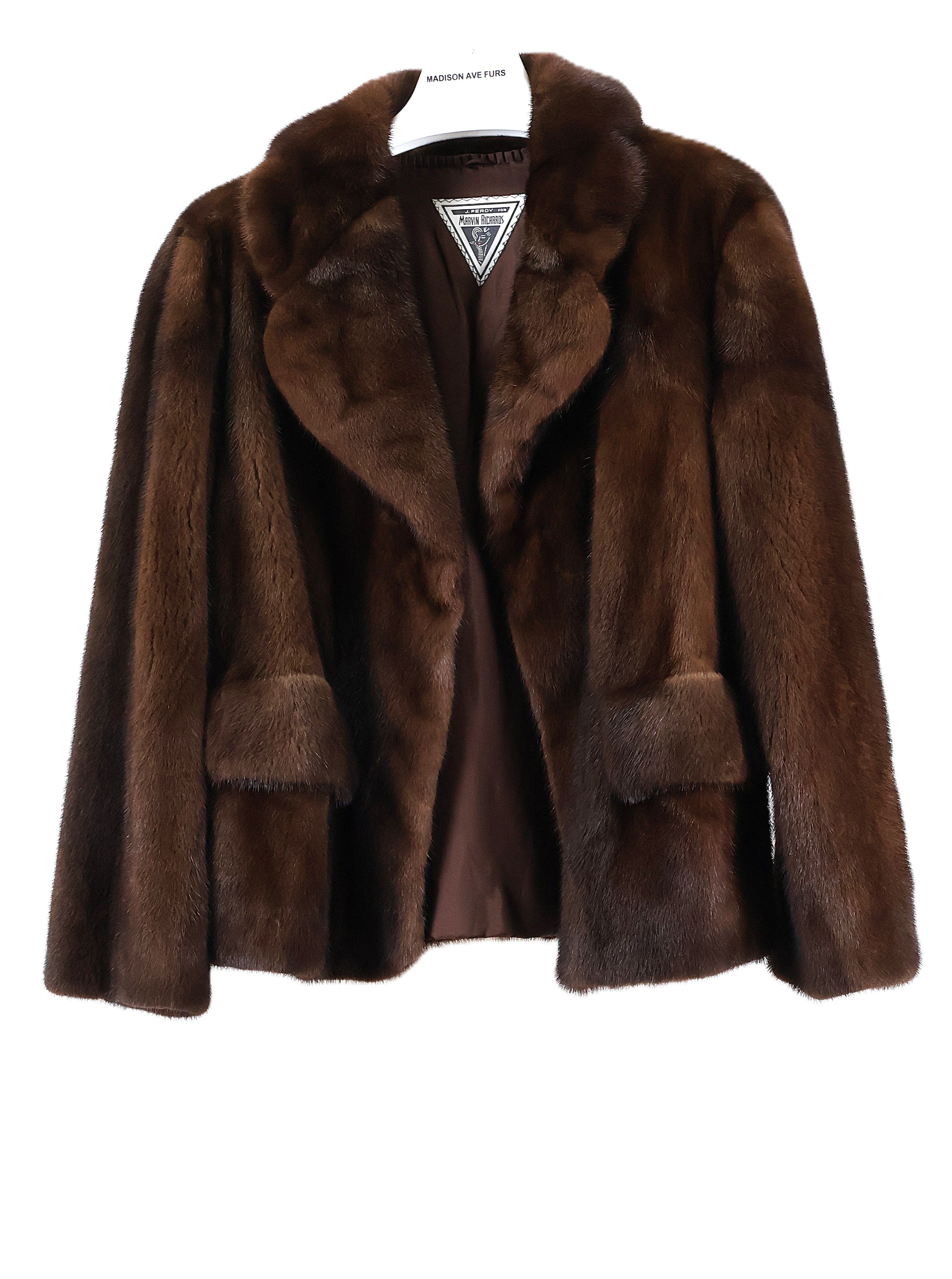 PRE-OWNED MAHOGANY MINK JACKET W/ SCALLOPED SHAWL COLLAR & FLAP FRONT POCKETS